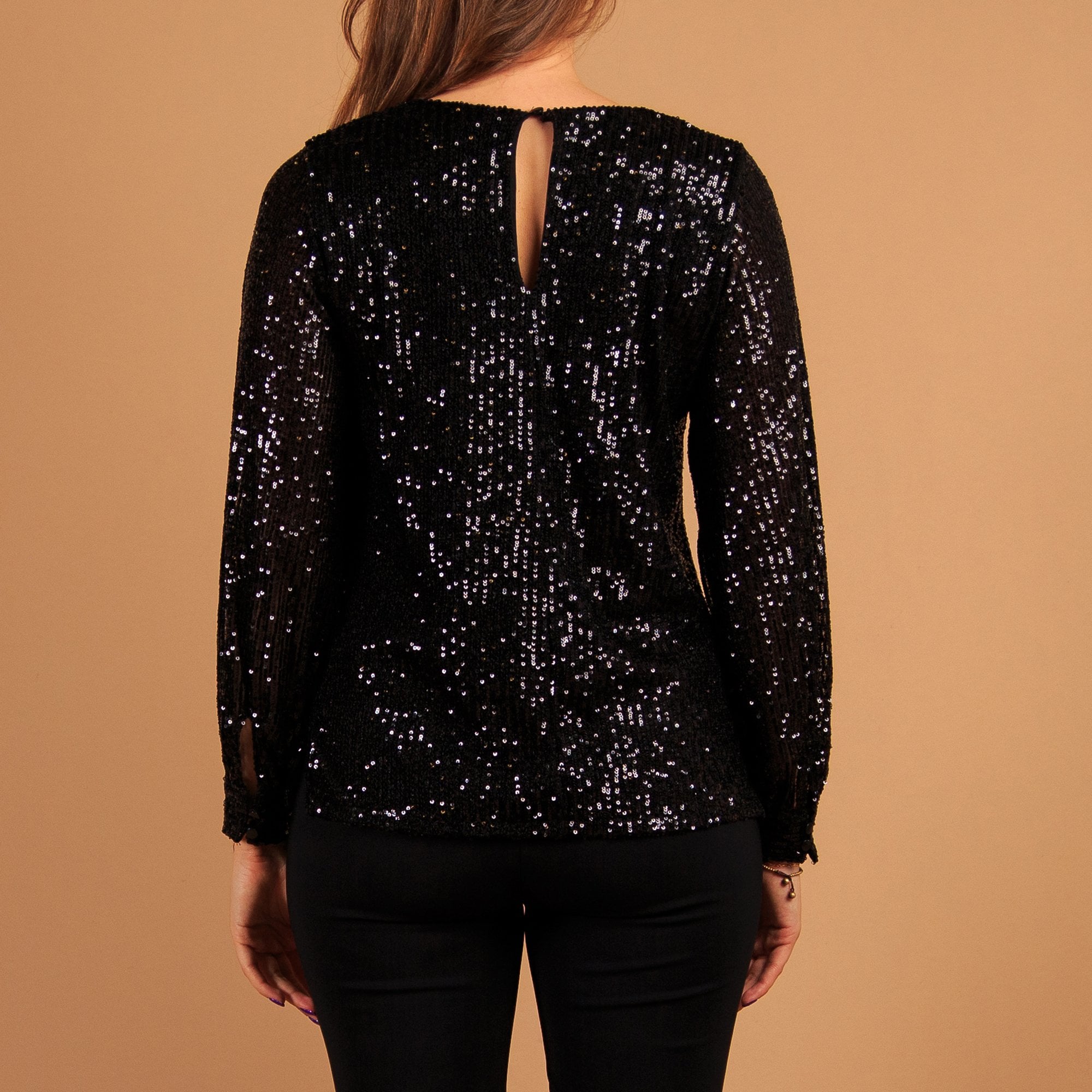 Pomodoro V Neck Sequin Top With Balloon Sleeve Black