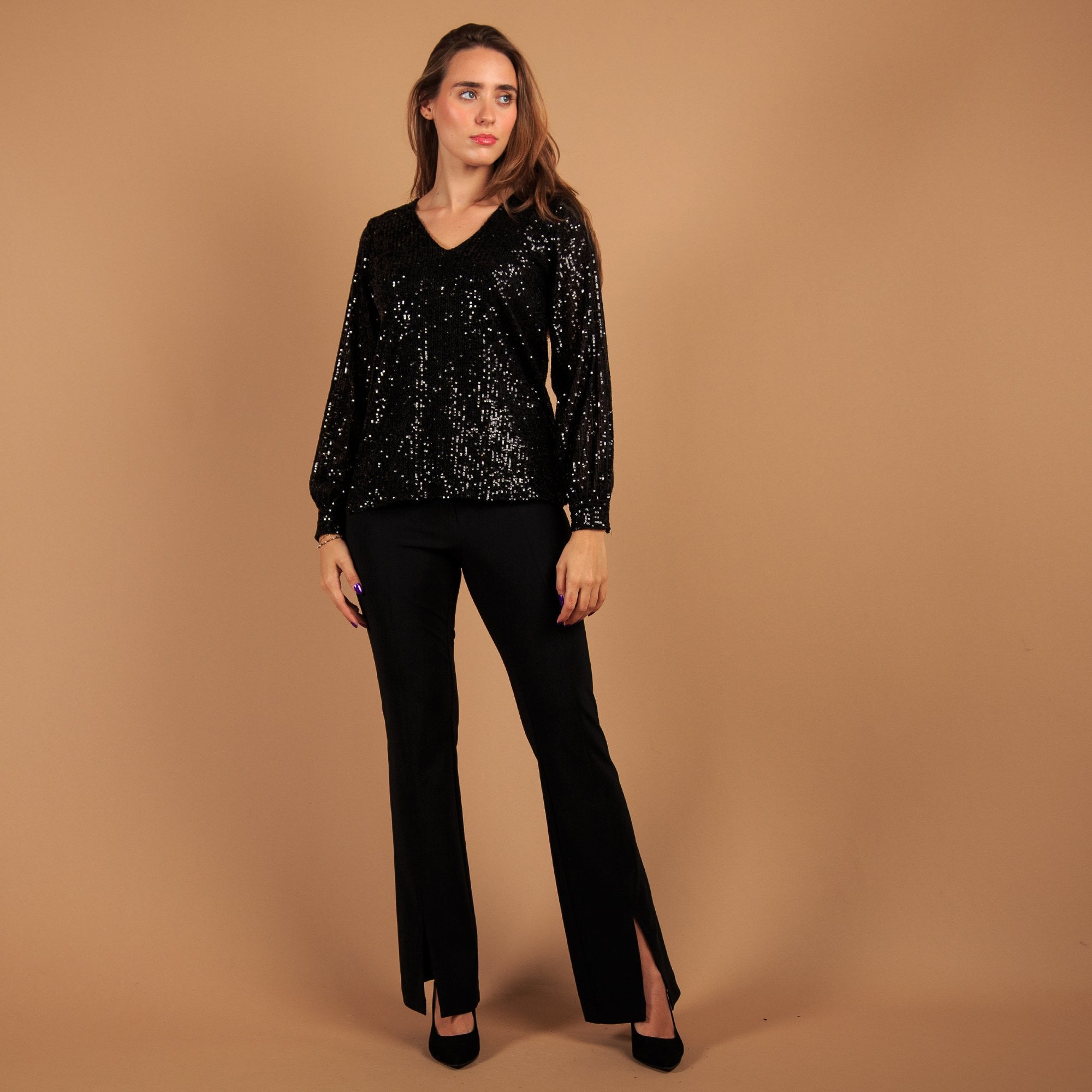 Pomodoro V Neck Sequin Top With Balloon Sleeve Black