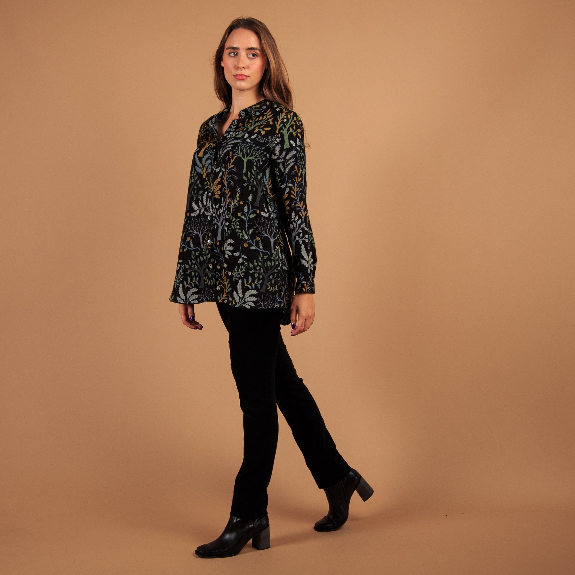 Sahara Tree Print Long Sleeve Boxy Shirt Black/mustard