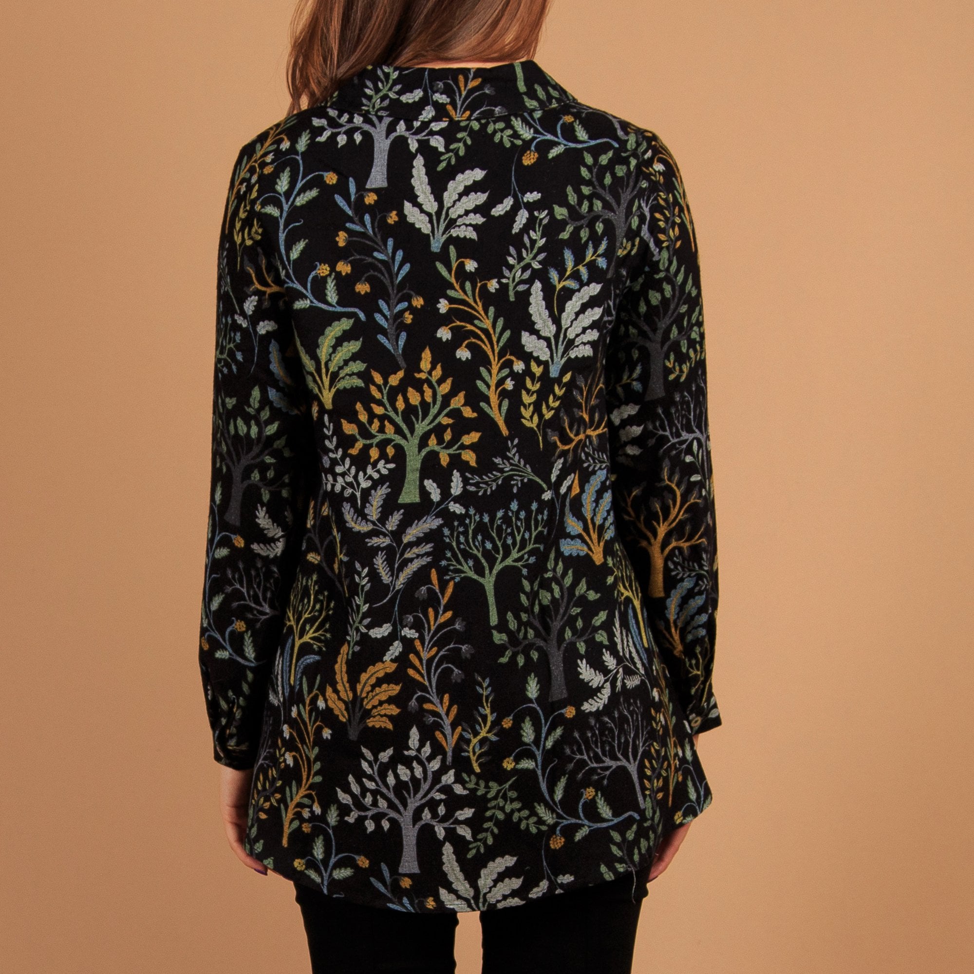 Sahara Tree Print Long Sleeve Boxy Shirt Black/mustard