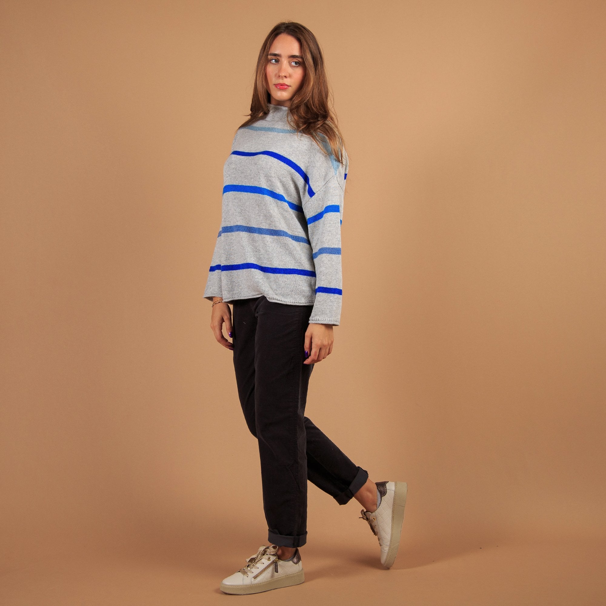 Sahara High Neck Stripe Knit Jumper Grey/blue