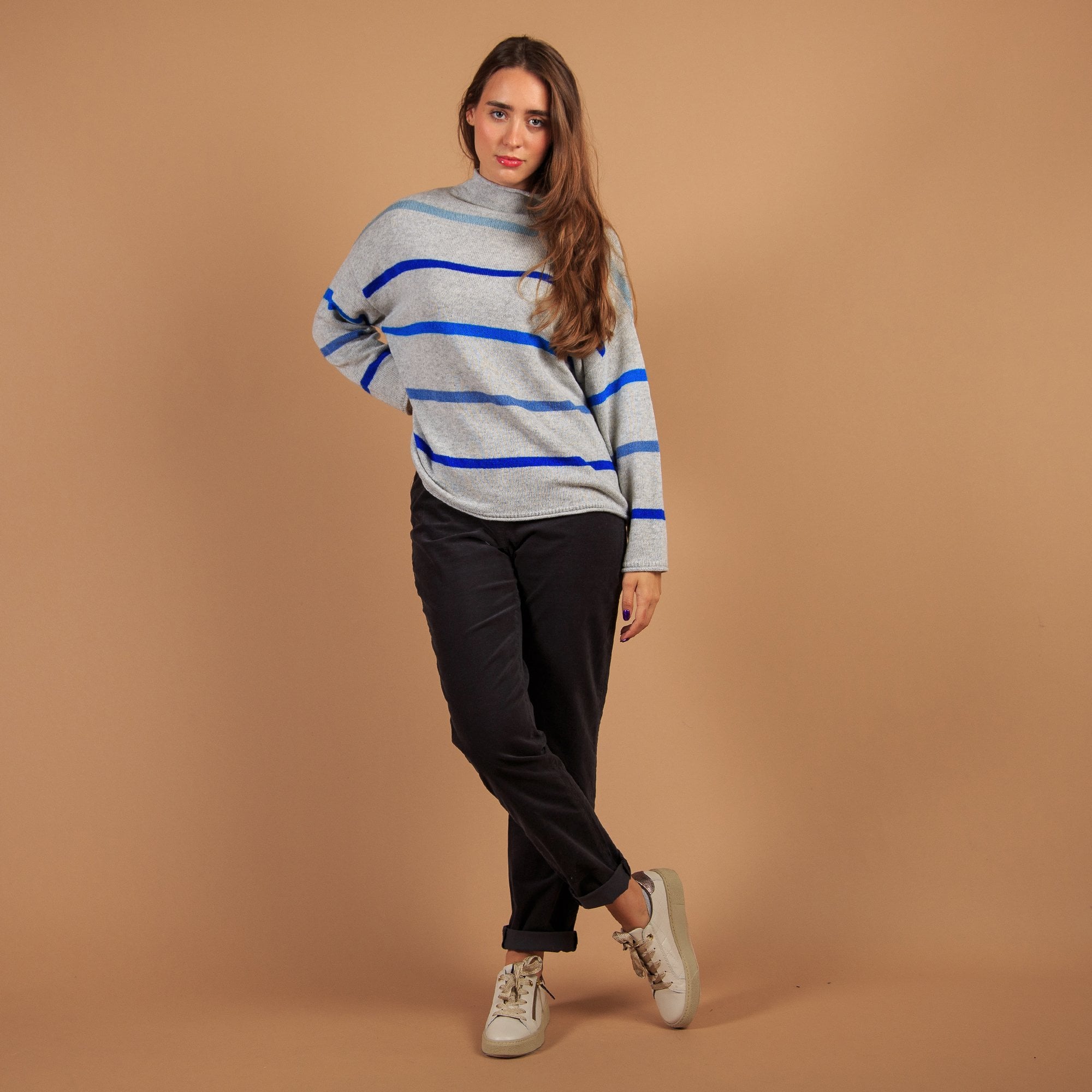 Sahara High Neck Stripe Knit Jumper Grey/blue