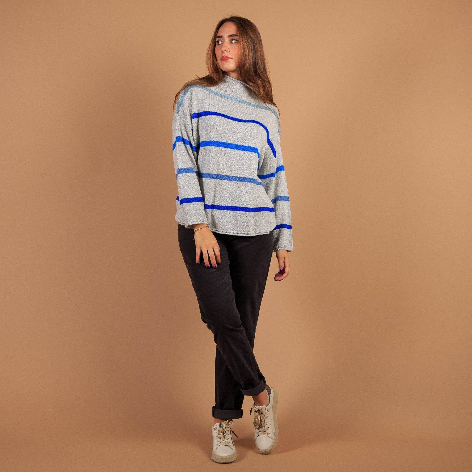 Sahara High Neck Stripe Knit Jumper Grey/blue