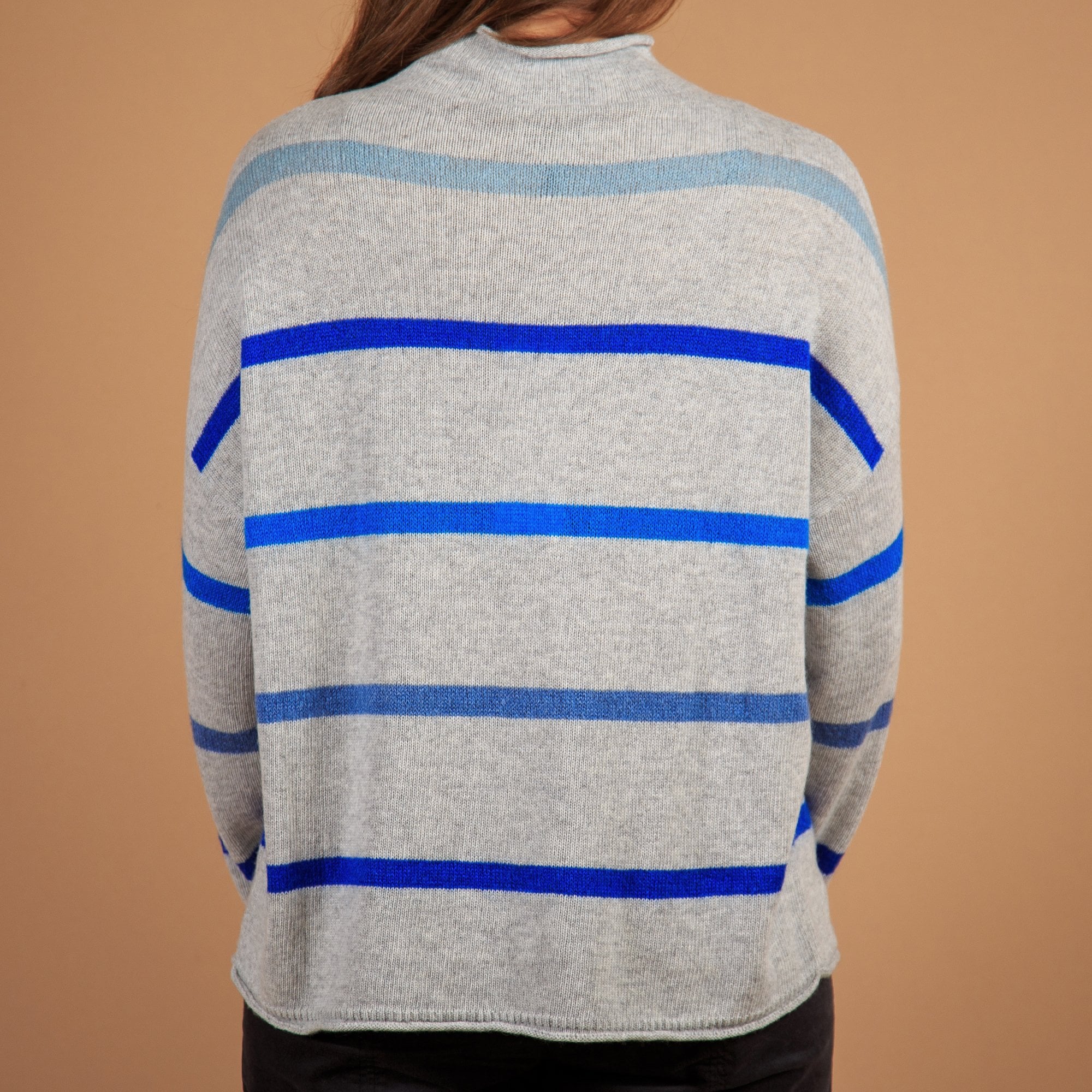 Sahara High Neck Stripe Knit Jumper Grey/blue