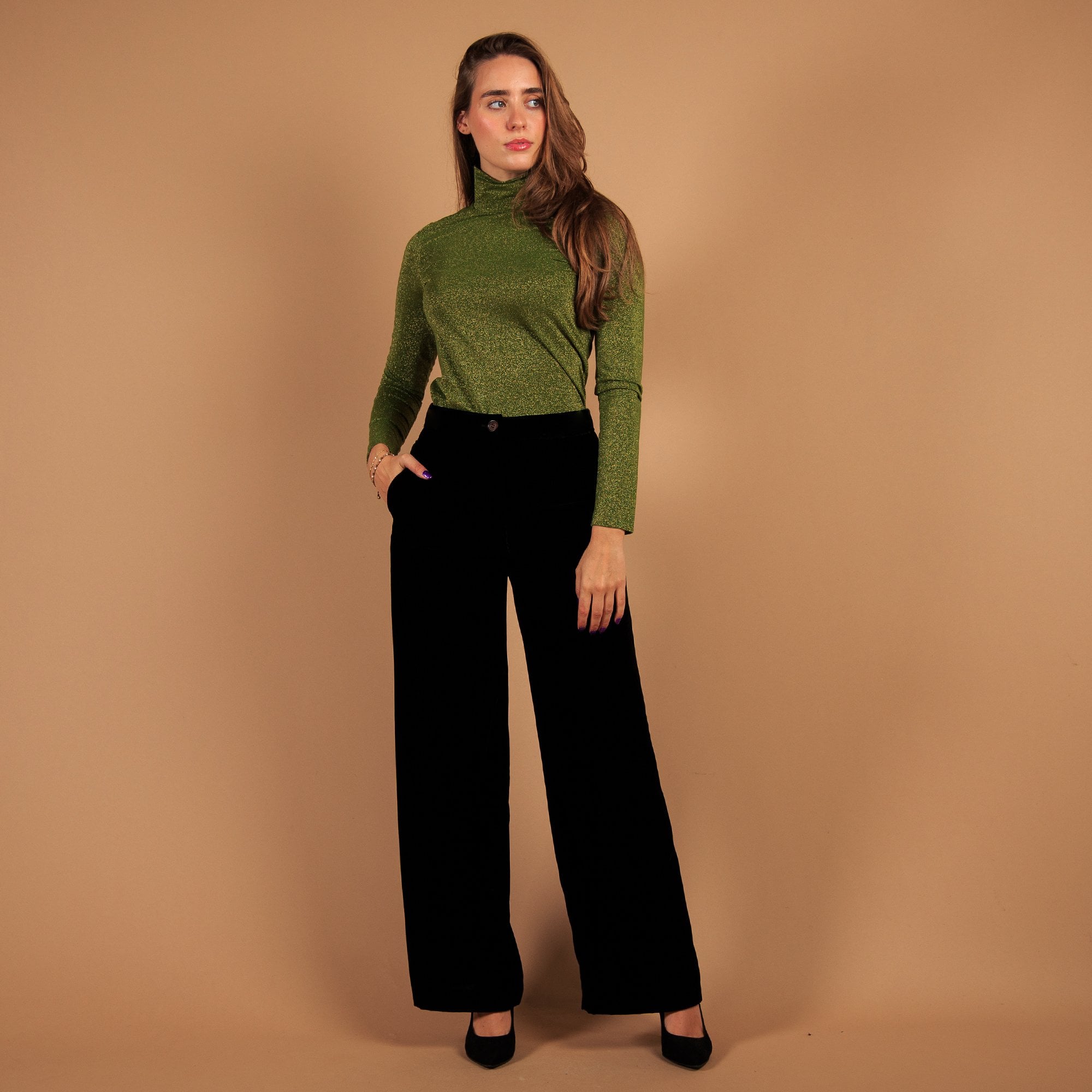 Marc Cain Velvet Weida Wide Leg Trouser With Elastic Back Black