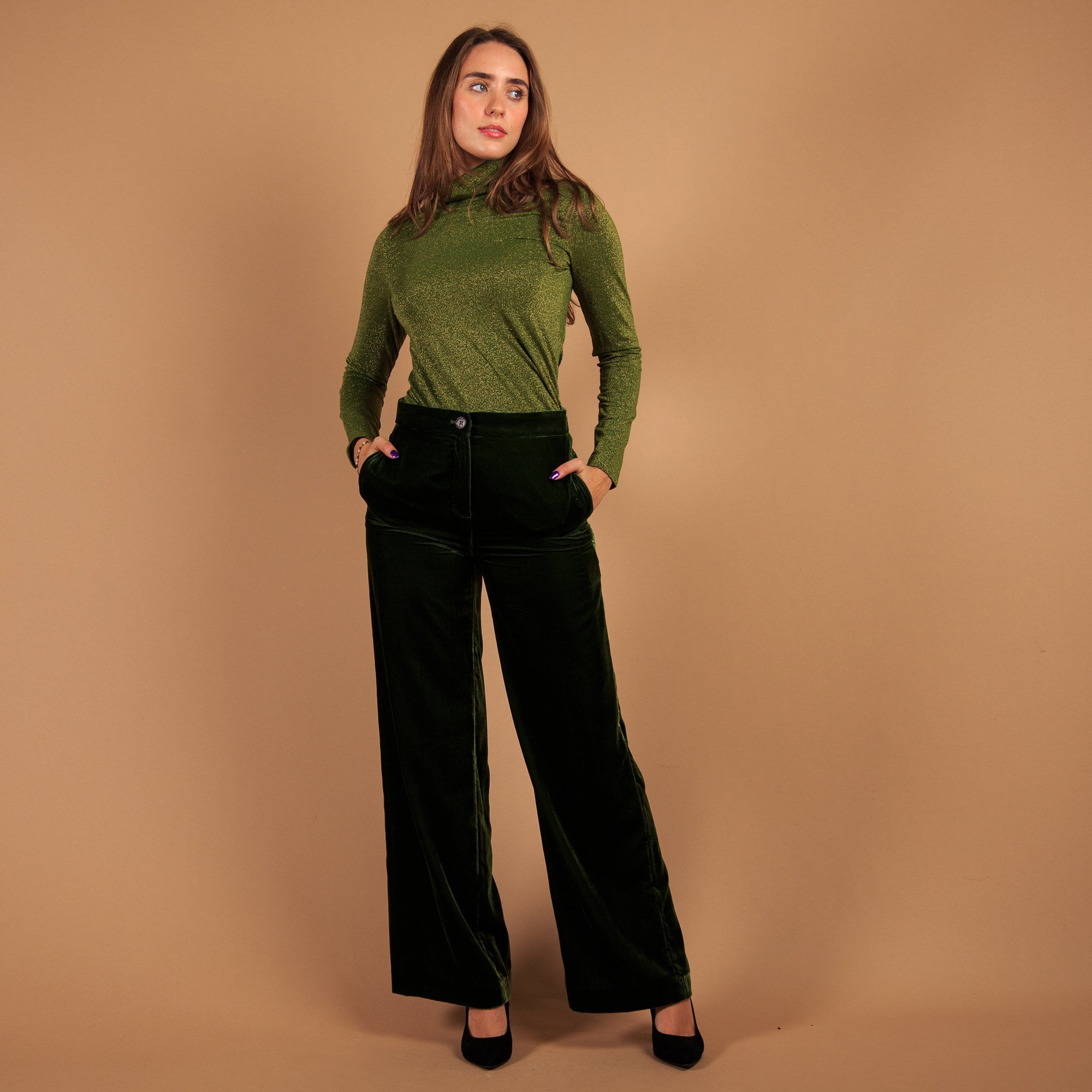 Marc Cain Velvet Weida Wide Leg Trouser With Elastic Back Green