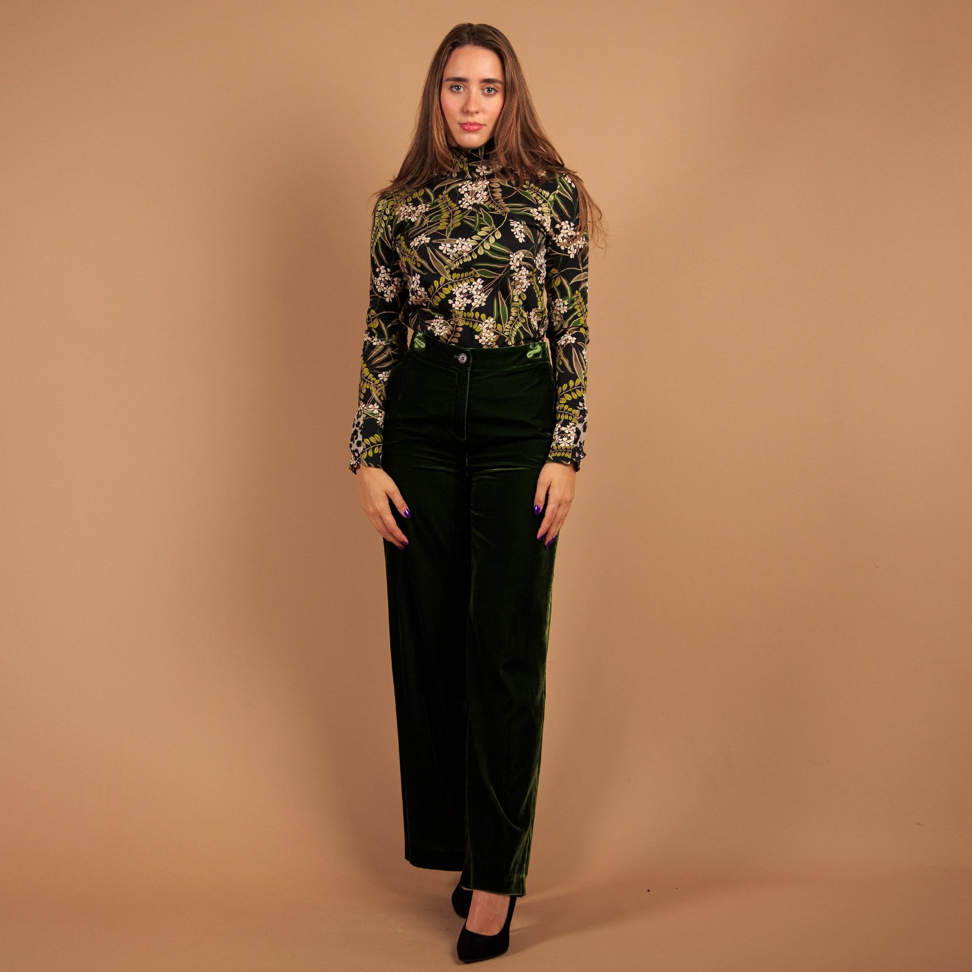 Marc Cain Velvet Weida Wide Leg Trouser With Elastic Back Green