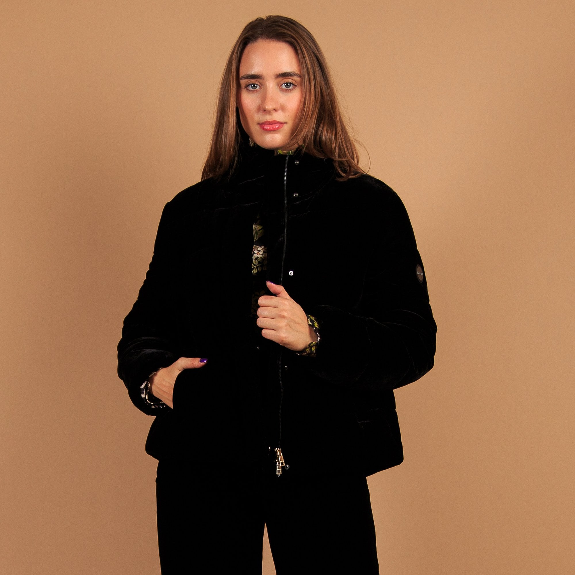 Marc Cain Short Velvet Puffa Jacket With High Collar Black