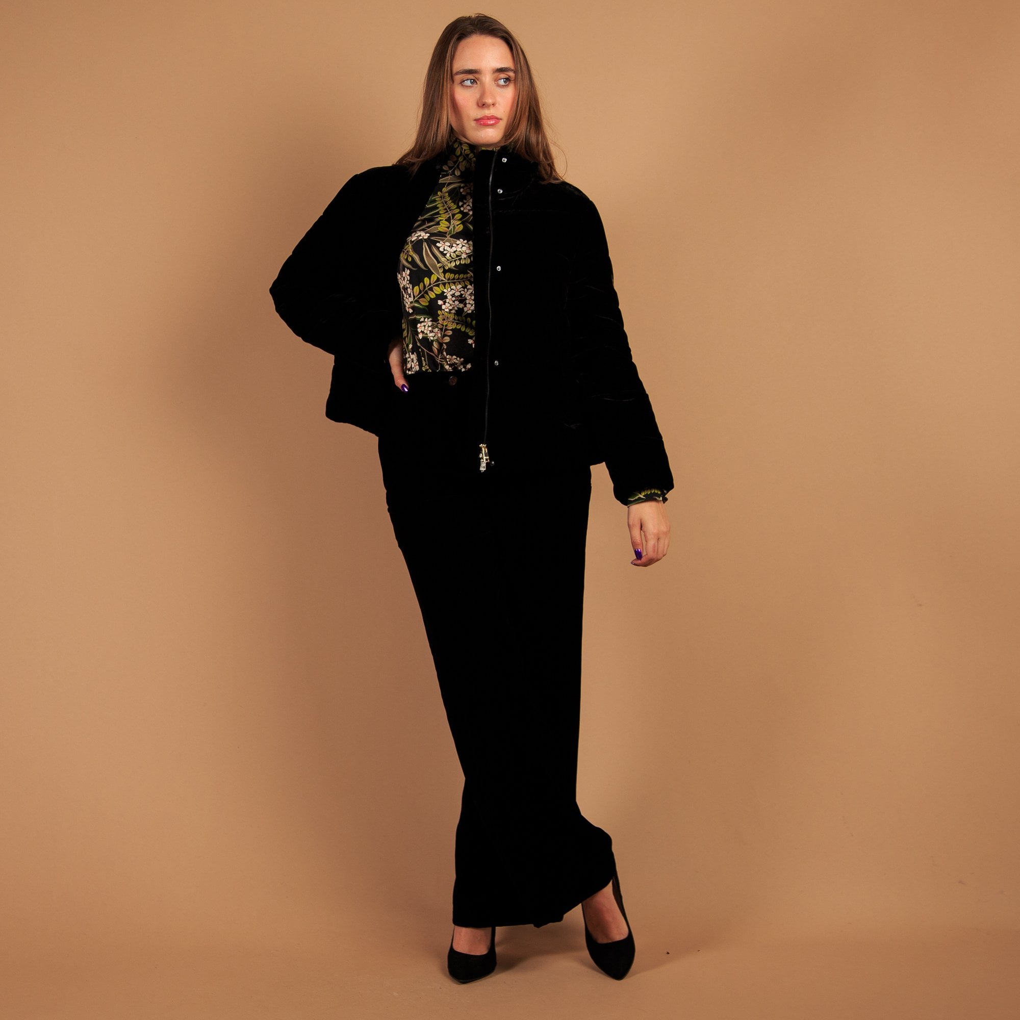 Marc Cain Short Velvet Puffa Jacket With High Collar Black