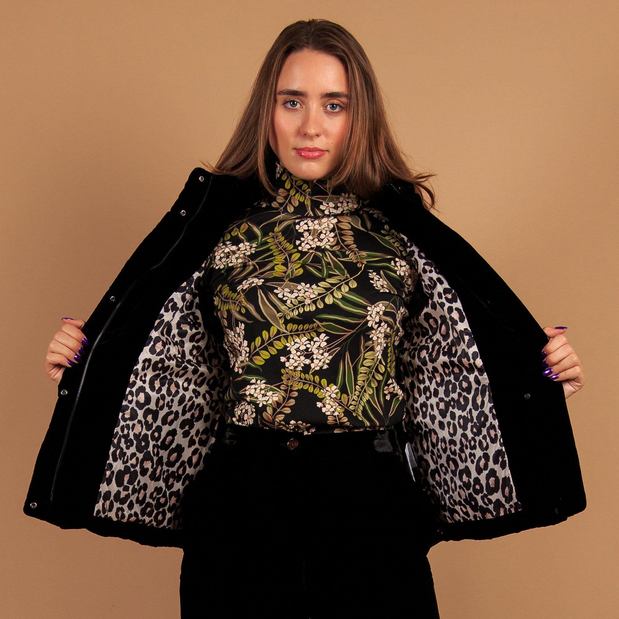 Marc Cain Short Velvet Puffa Jacket With High Collar Black