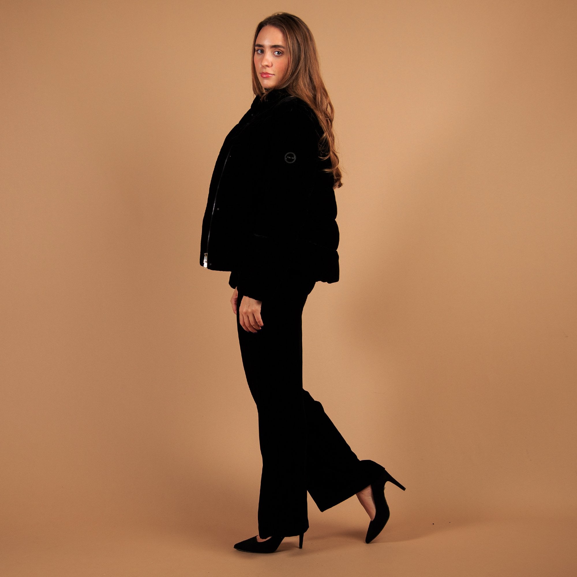 Marc Cain Short Velvet Puffa Jacket With High Collar Black