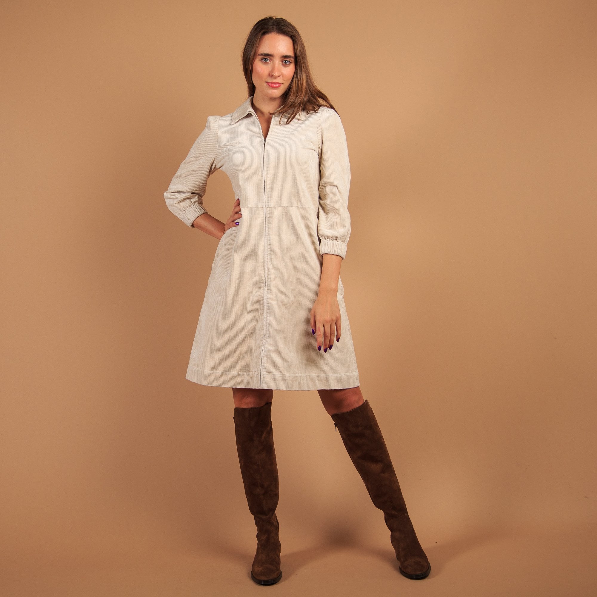 Part Two Eyvors Zip Down Long Sleeve Cord Shirt Dress Cream (Longer)
