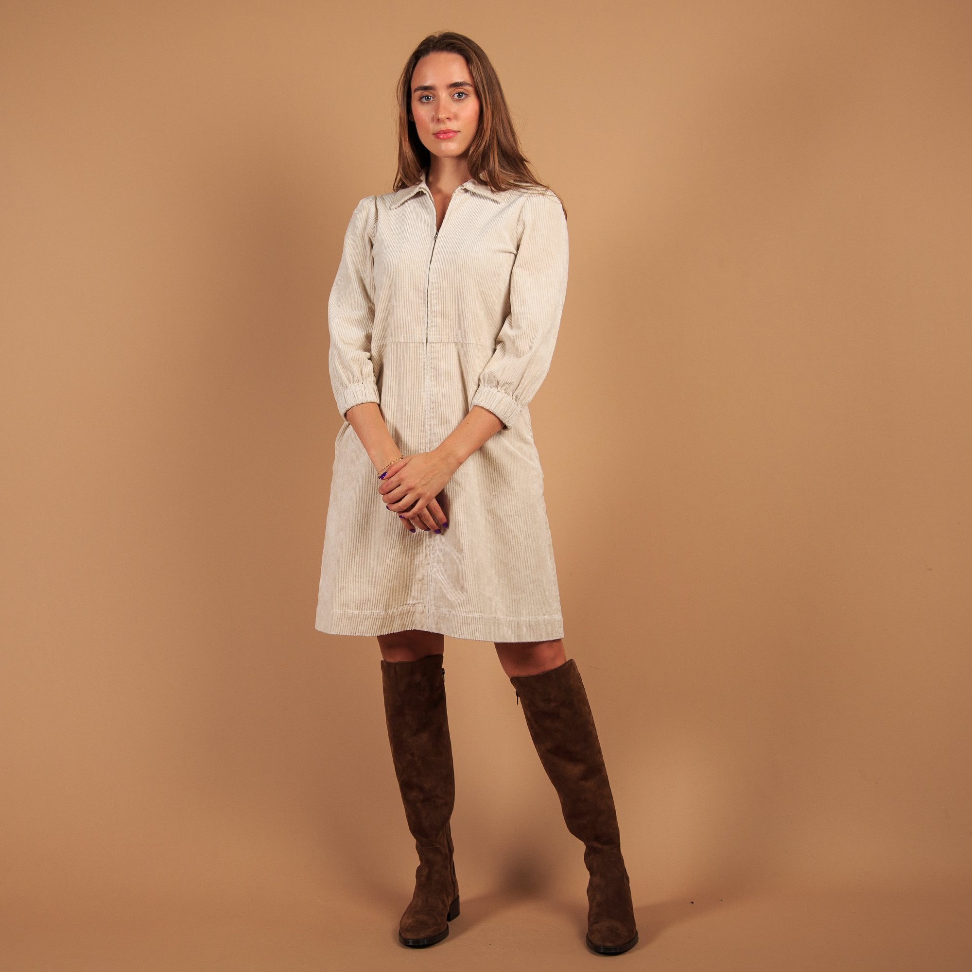 Part Two Eyvors Zip Down Long Sleeve Cord Shirt Dress Cream (Longer)