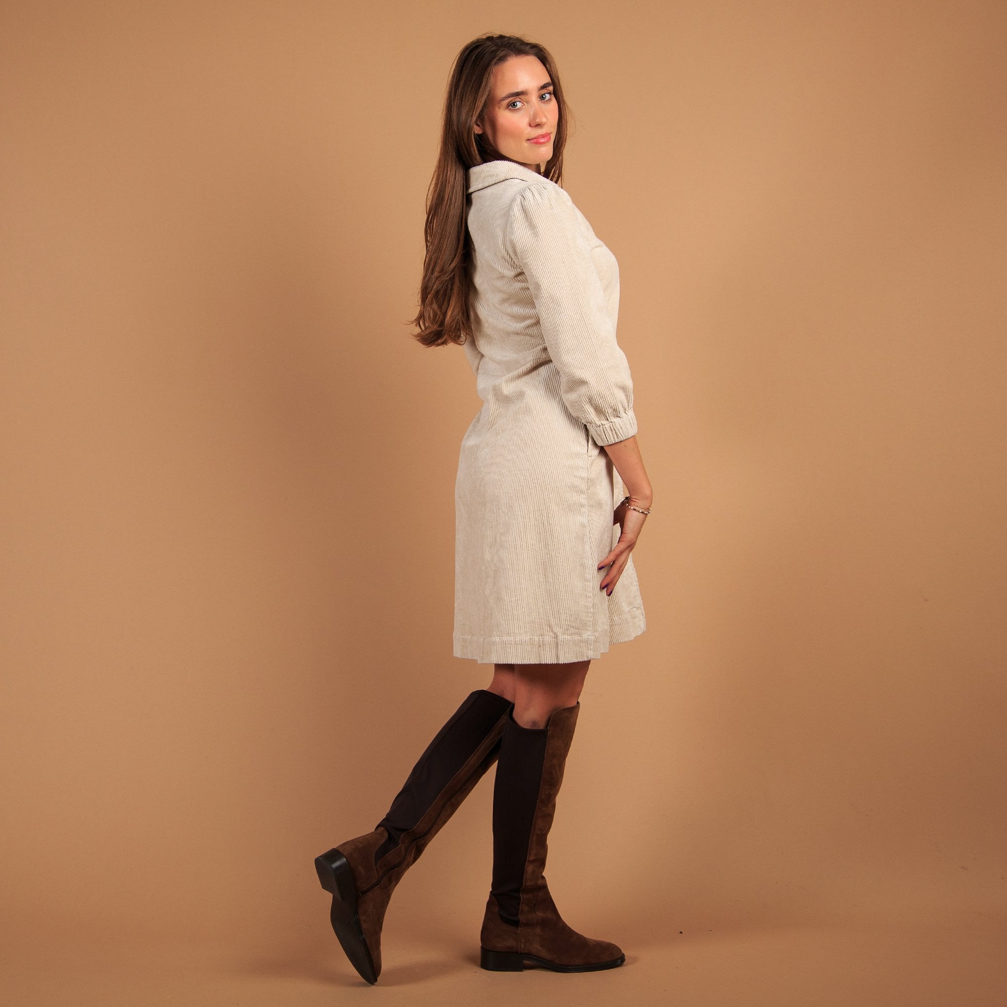 Part Two Eyvors Zip Down Long Sleeve Cord Shirt Dress Cream (Longer)