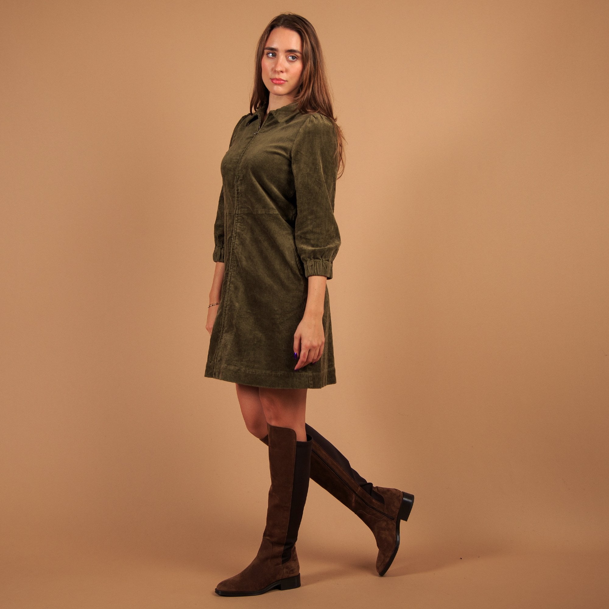 Part Two Eyvors Zip Down Long Sleeve Cord Shirt Dress Khaki (Longer)