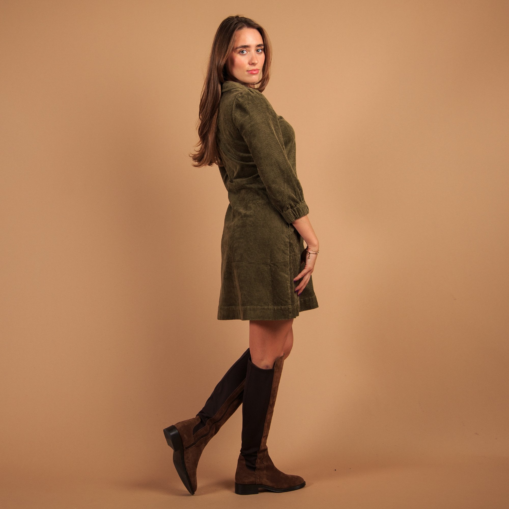 Part Two Eyvors Zip Down Long Sleeve Cord Shirt Dress Khaki (Longer)