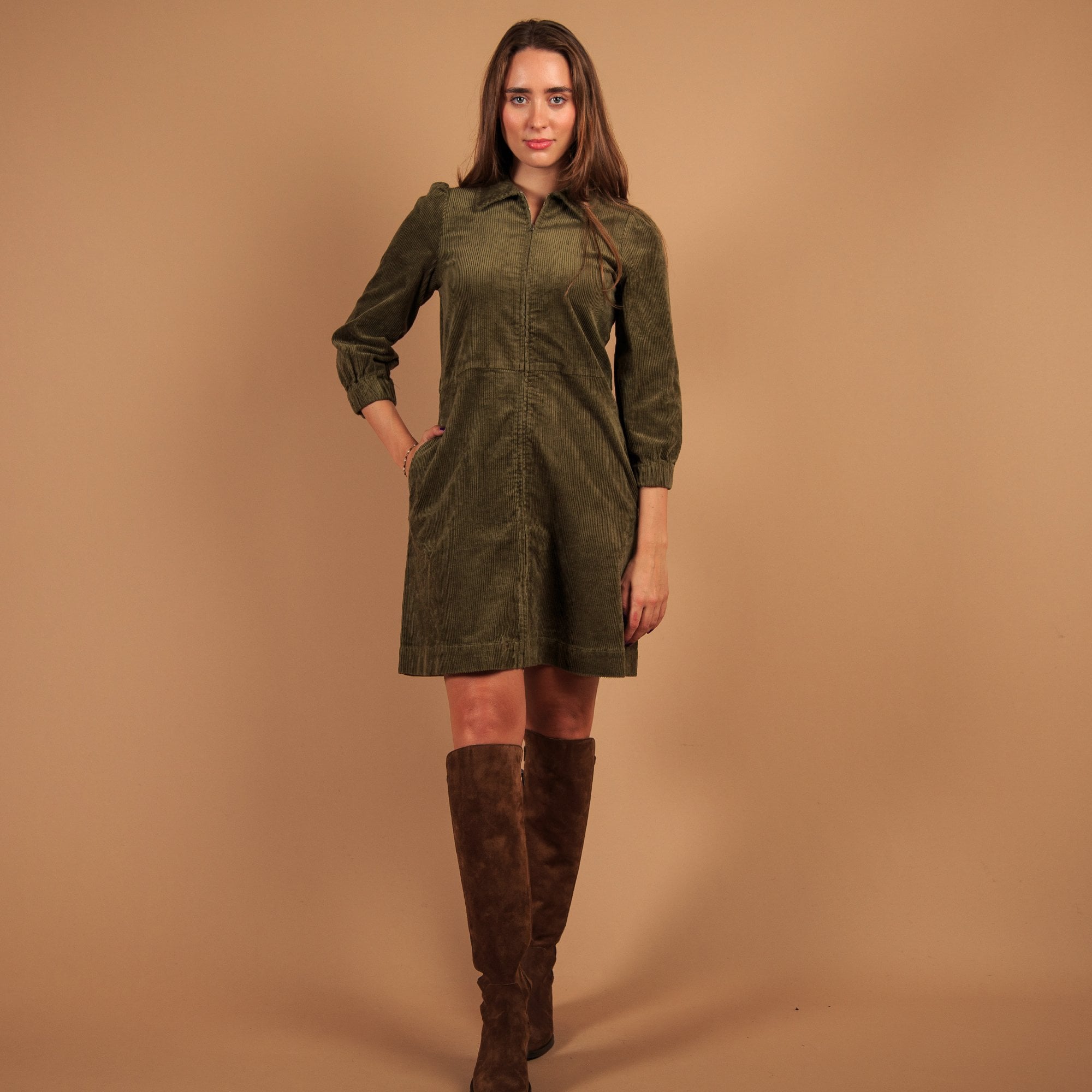 Part Two Eyvors Zip Down Long Sleeve Cord Shirt Dress Khaki (Longer)