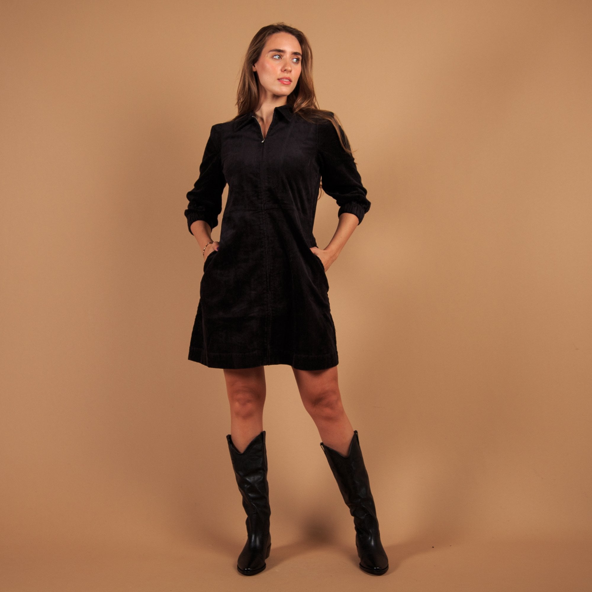 Part Two Eyvor Zip Down Long Sleeve Cord Shirt Dress Black (Shorter)