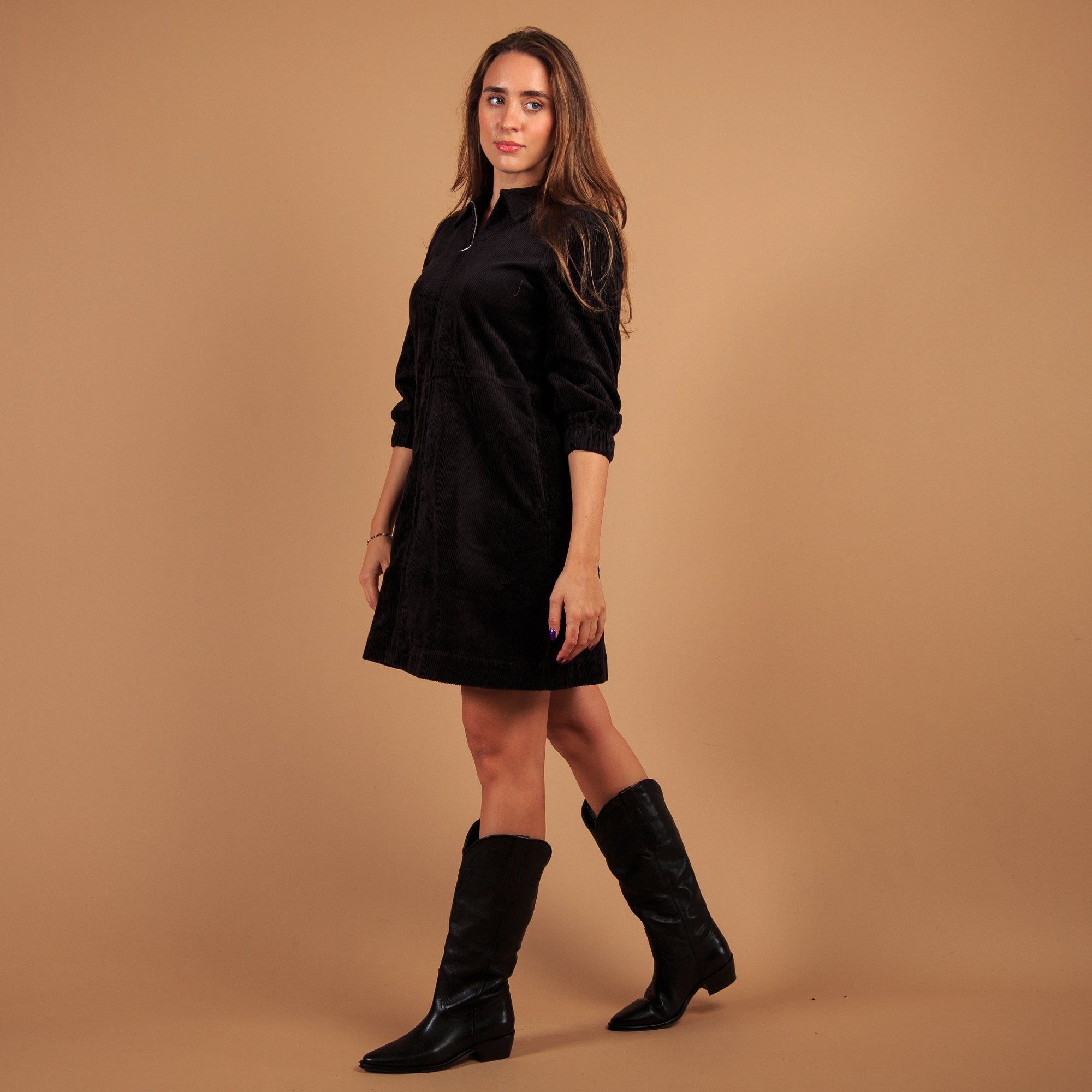 Part Two Eyvor Zip Down Long Sleeve Cord Shirt Dress Black (Shorter)