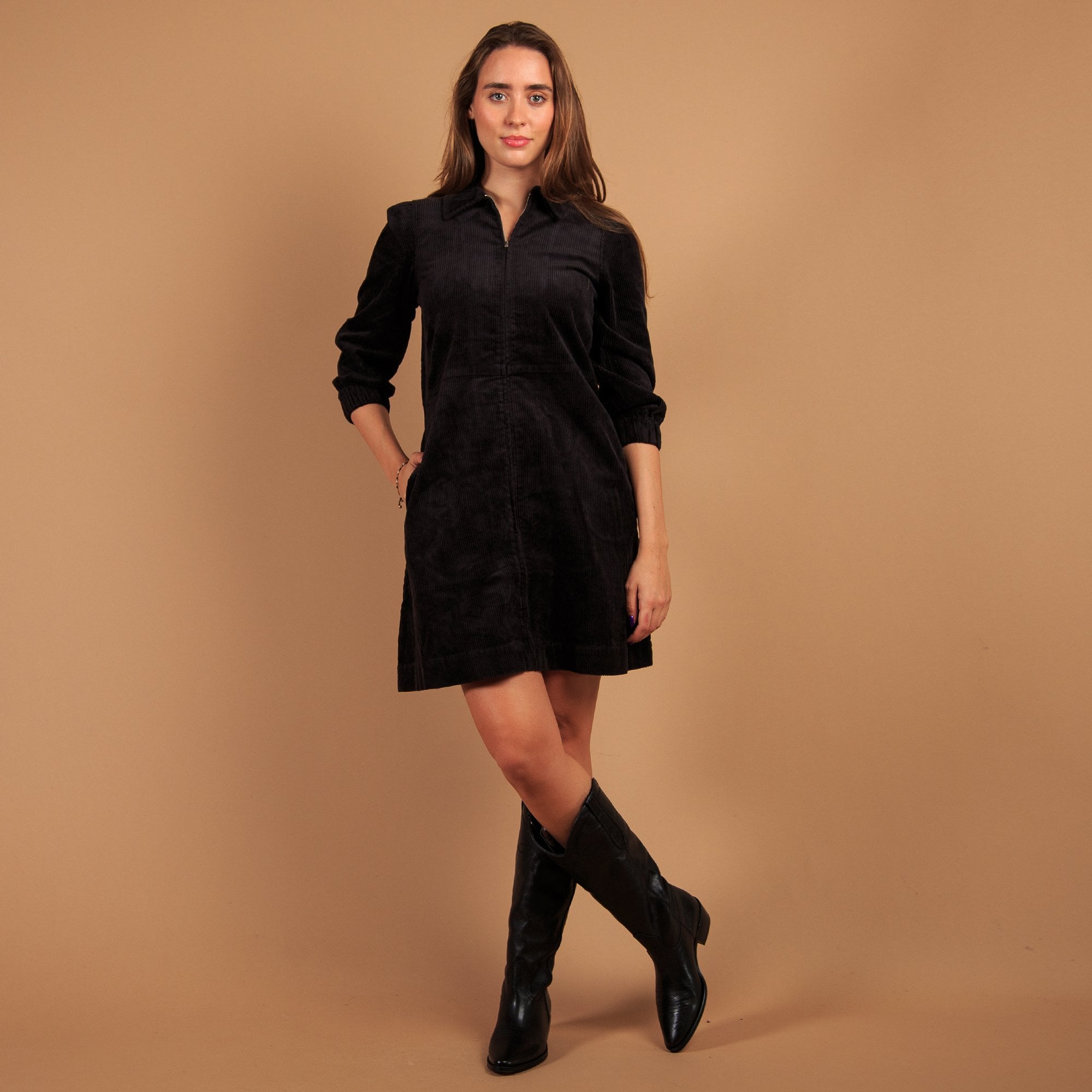 Part Two Eyvor Zip Down Long Sleeve Cord Shirt Dress Black (Shorter)
