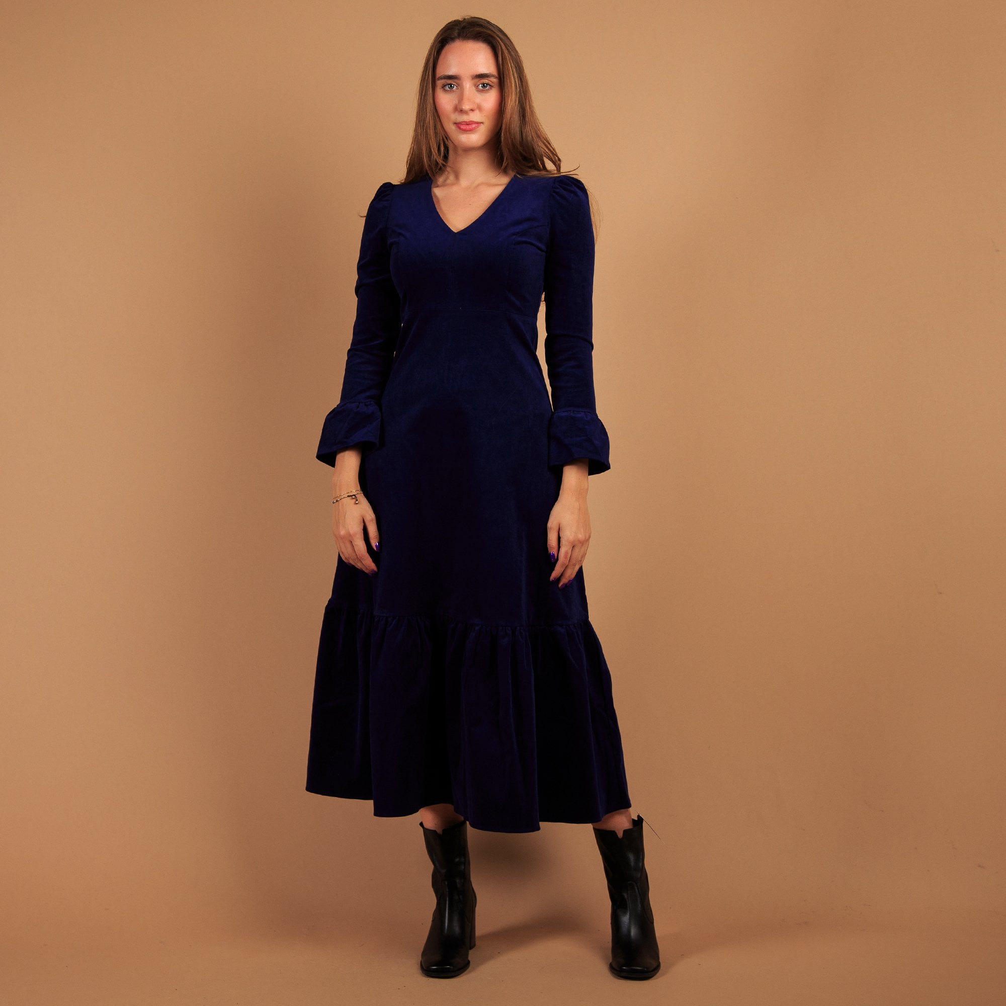 Aspiga Victoria A V Neck Tiered Hem Needlecord Long Dress Atlantic Blue