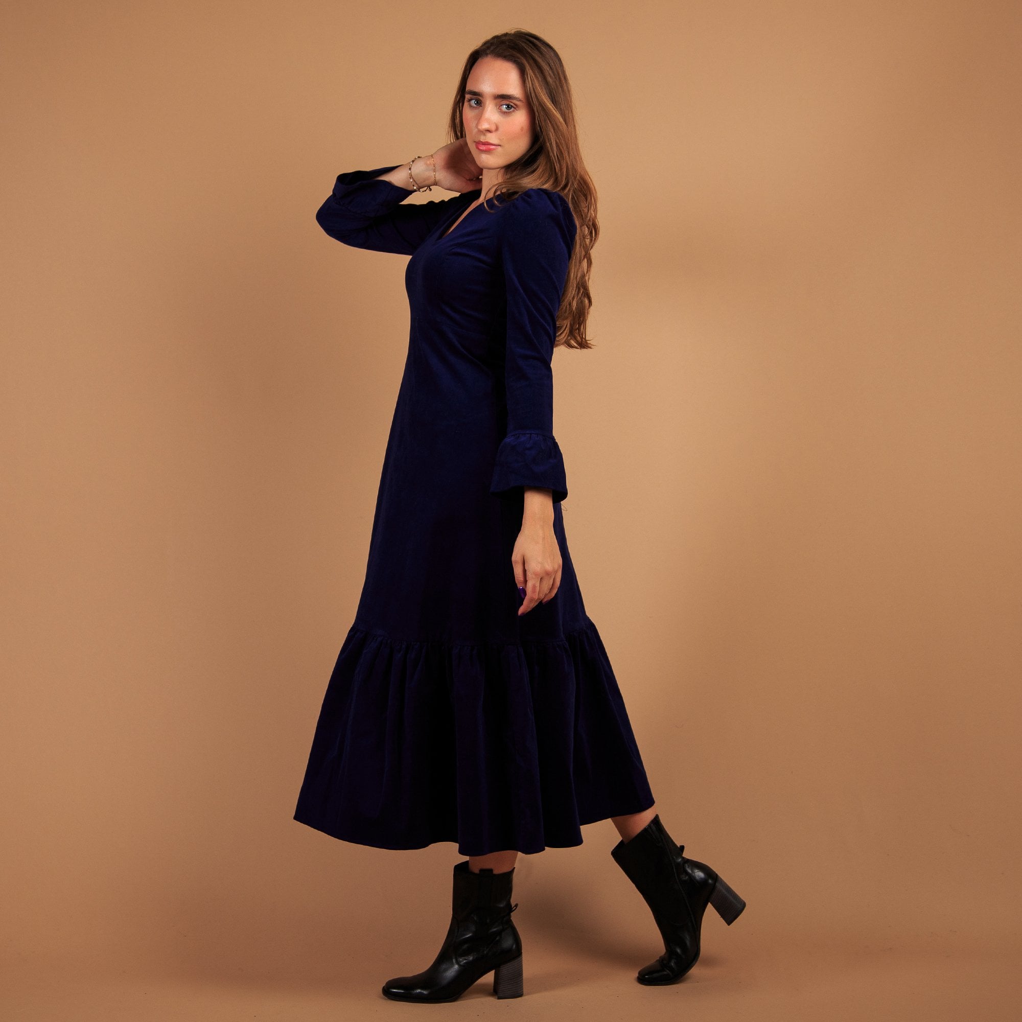 Aspiga Victoria A V Neck Tiered Hem Needlecord Long Dress Atlantic Blue