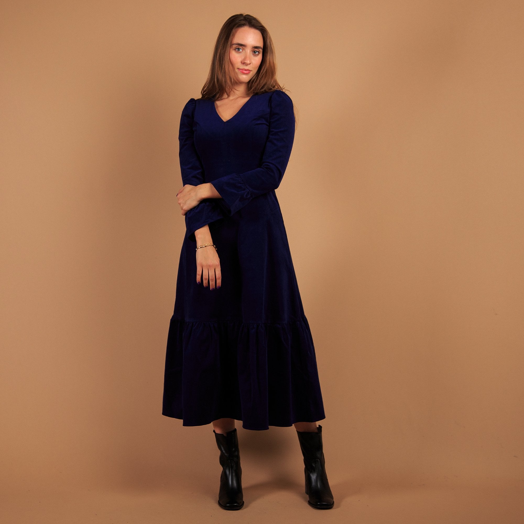 Aspiga Victoria A V Neck Tiered Hem Needlecord Long Dress Atlantic Blue