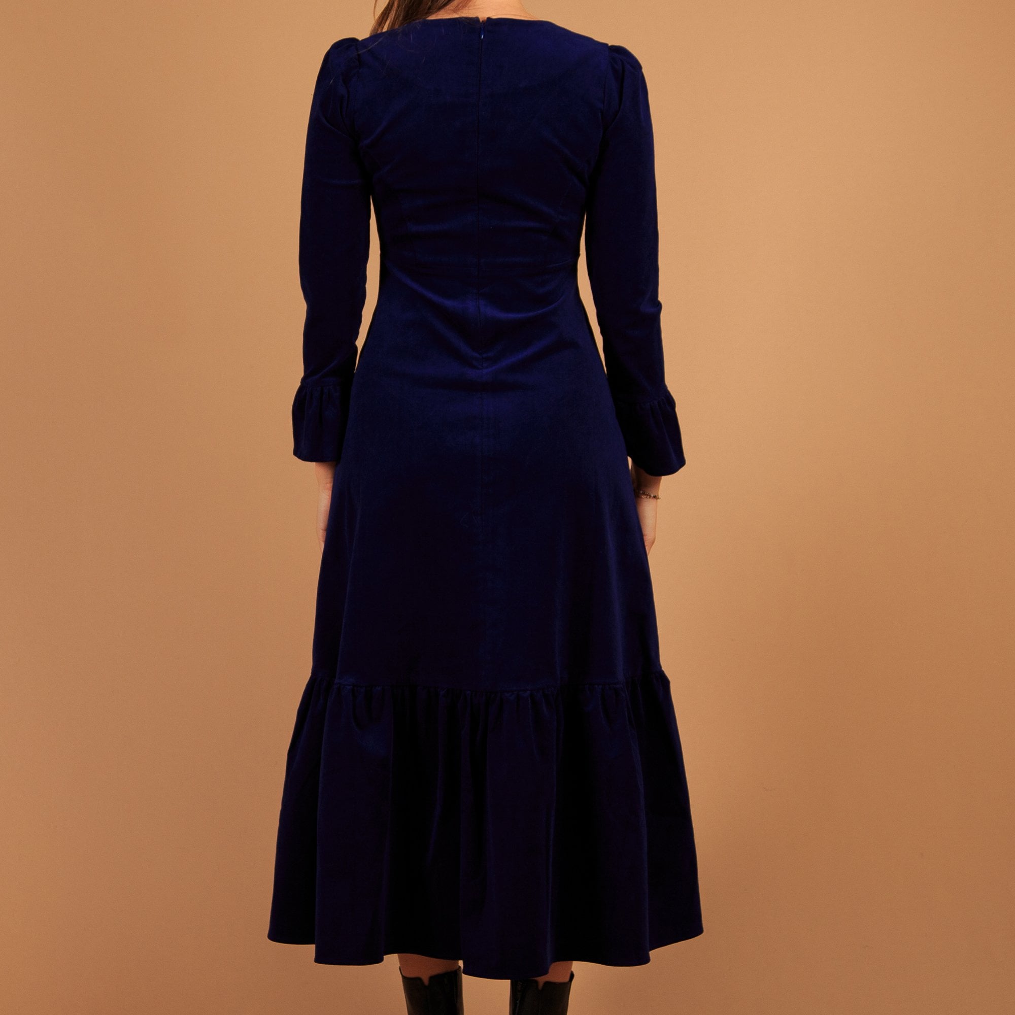 Aspiga Victoria A V Neck Tiered Hem Needlecord Long Dress Atlantic Blue