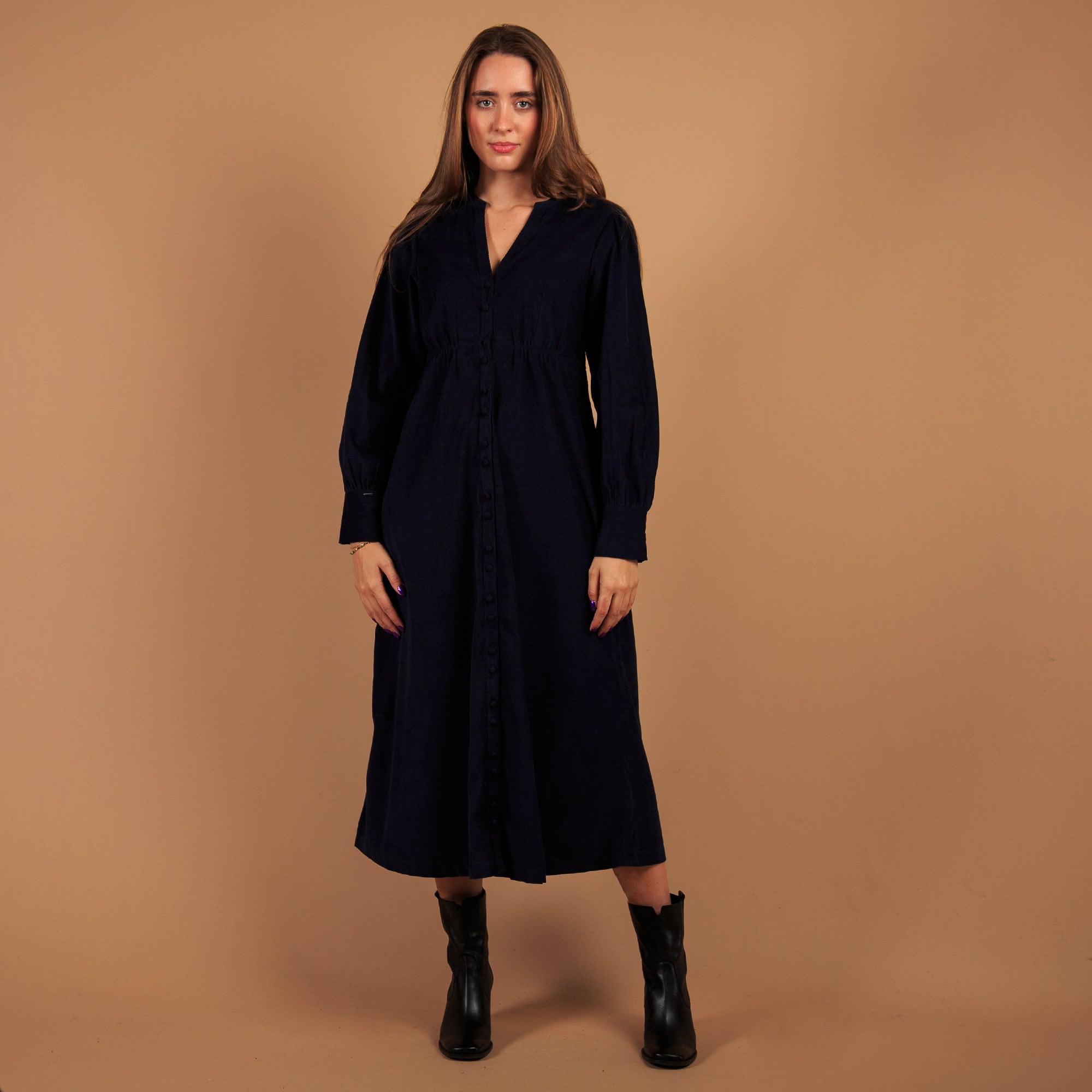 Aspiga Trinity Button Down Baby Cord Gathered Waist Dress Navy