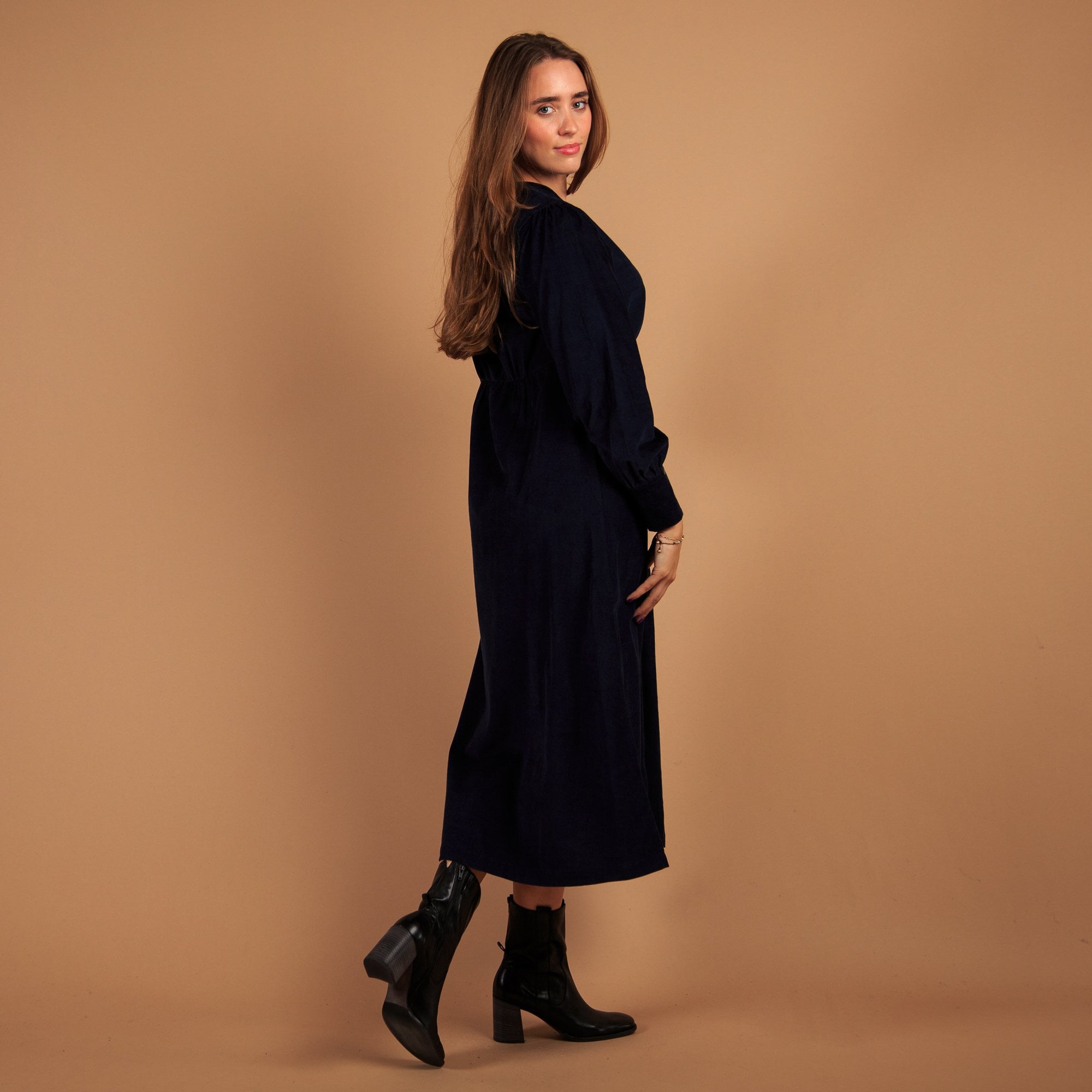 Aspiga Trinity Button Down Baby Cord Gathered Waist Dress Navy