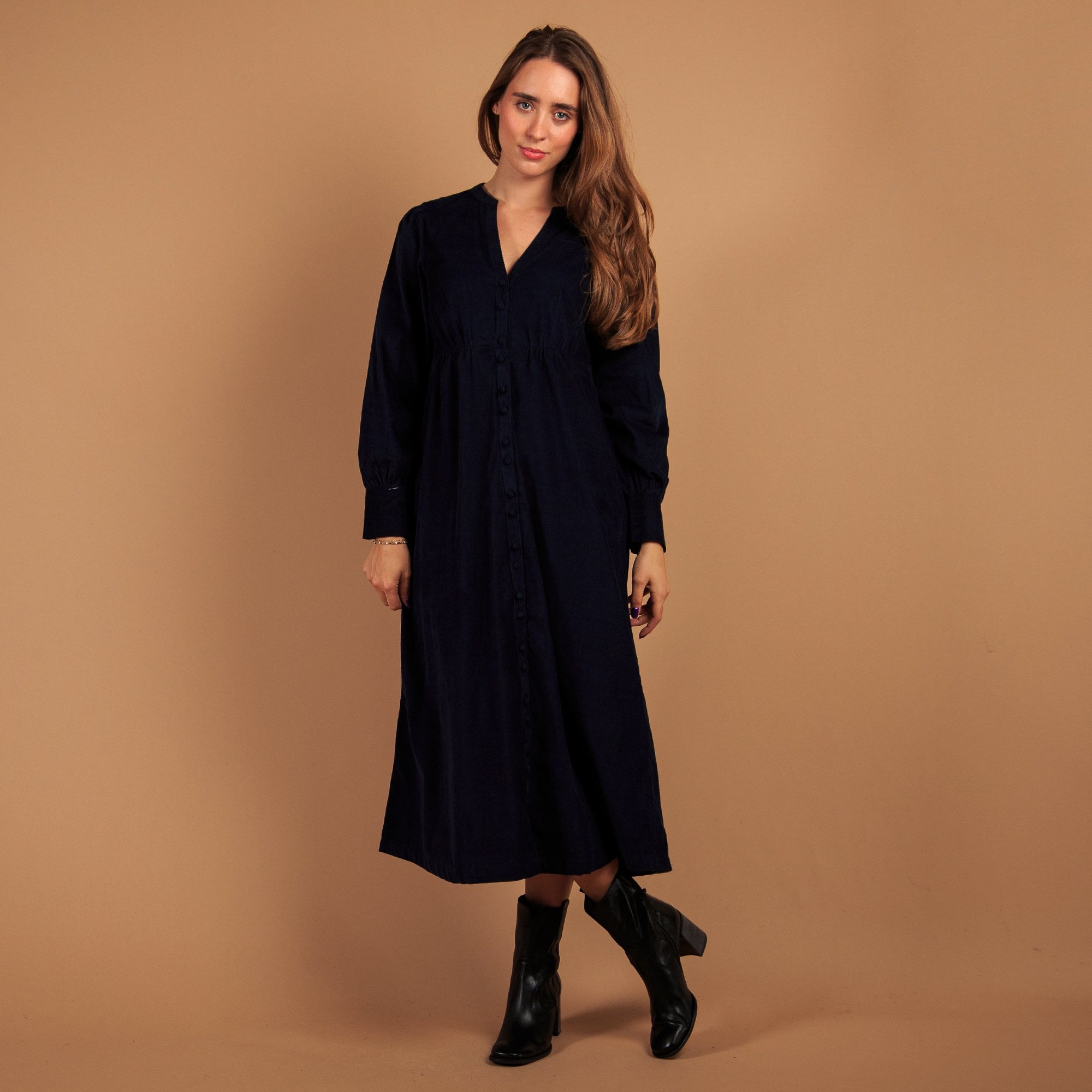 Aspiga Trinity Button Down Baby Cord Gathered Waist Dress Navy