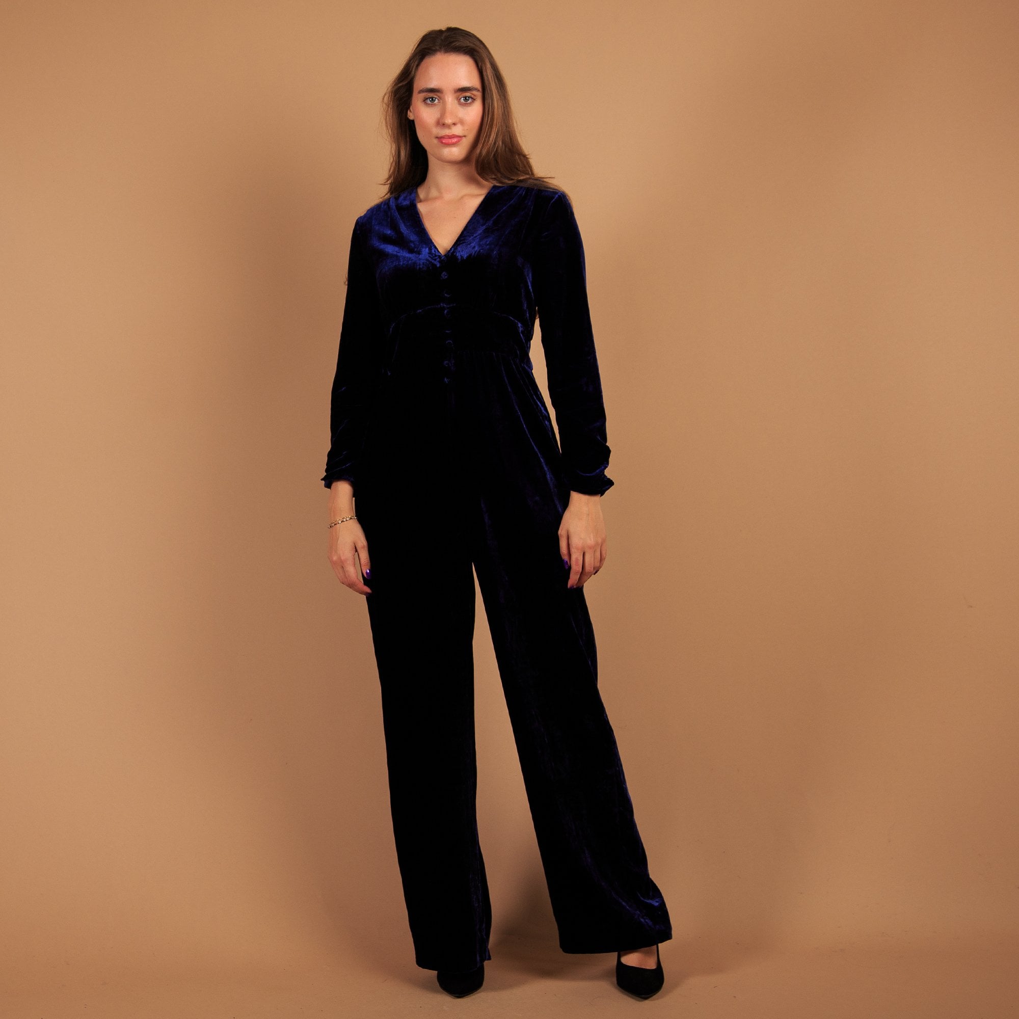 Aspiga Claudia V Neck Button Down Wide Leg Velvet Jumpsuit Navy