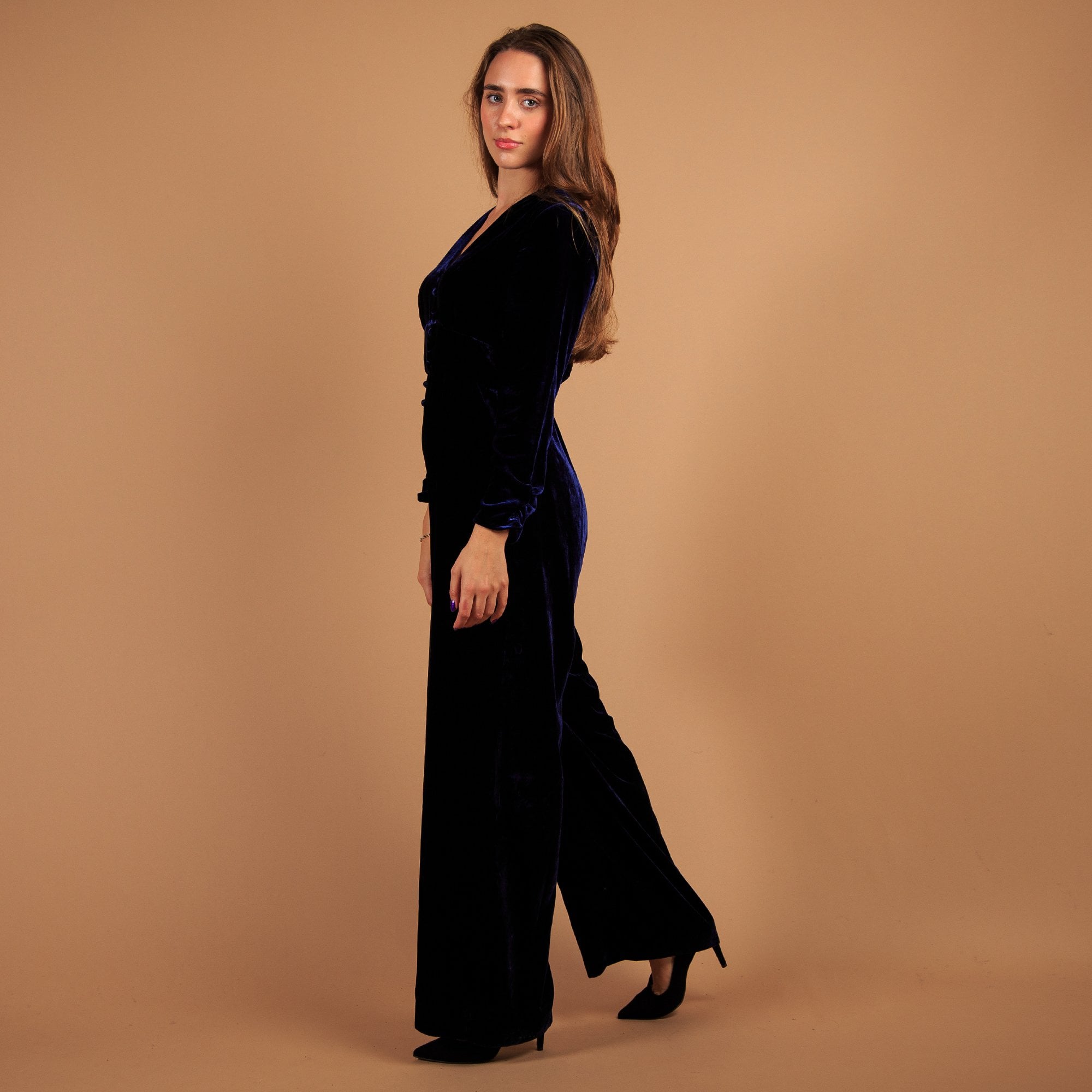 Aspiga Claudia V Neck Button Down Wide Leg Velvet Jumpsuit Navy