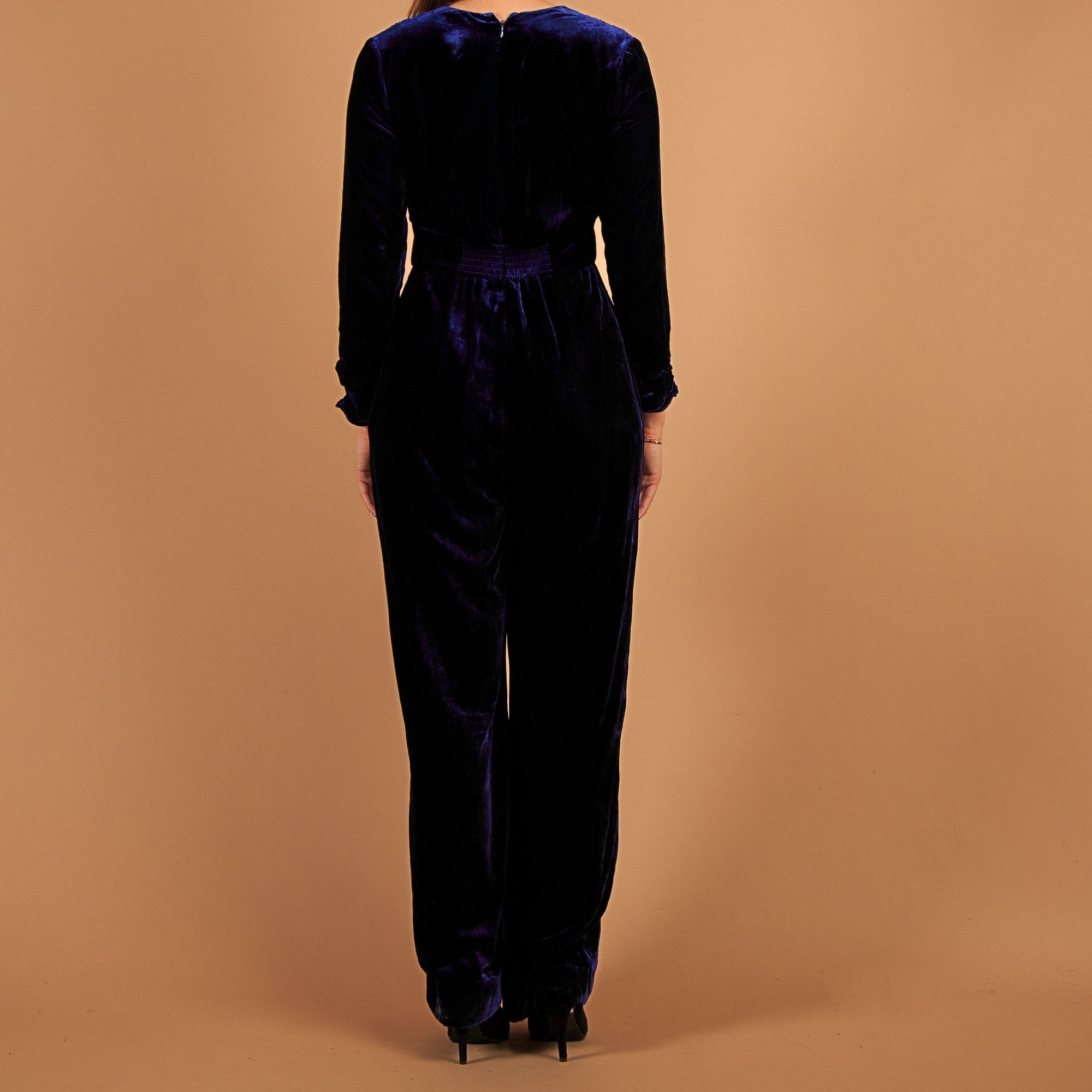 Aspiga Claudia V Neck Button Down Wide Leg Velvet Jumpsuit Navy