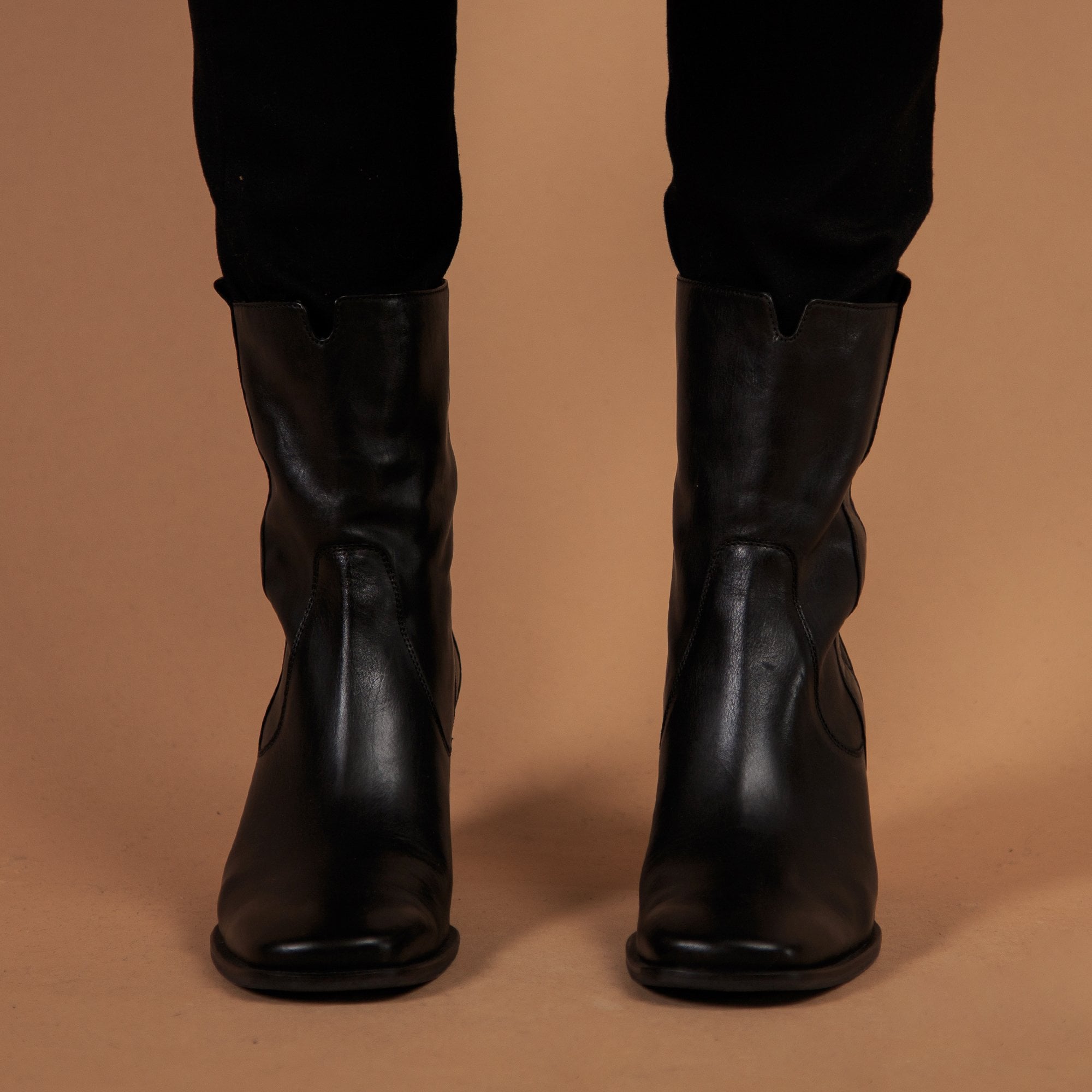 K&S Shoes High Ankle Boot With Square Front Toe & Block Black