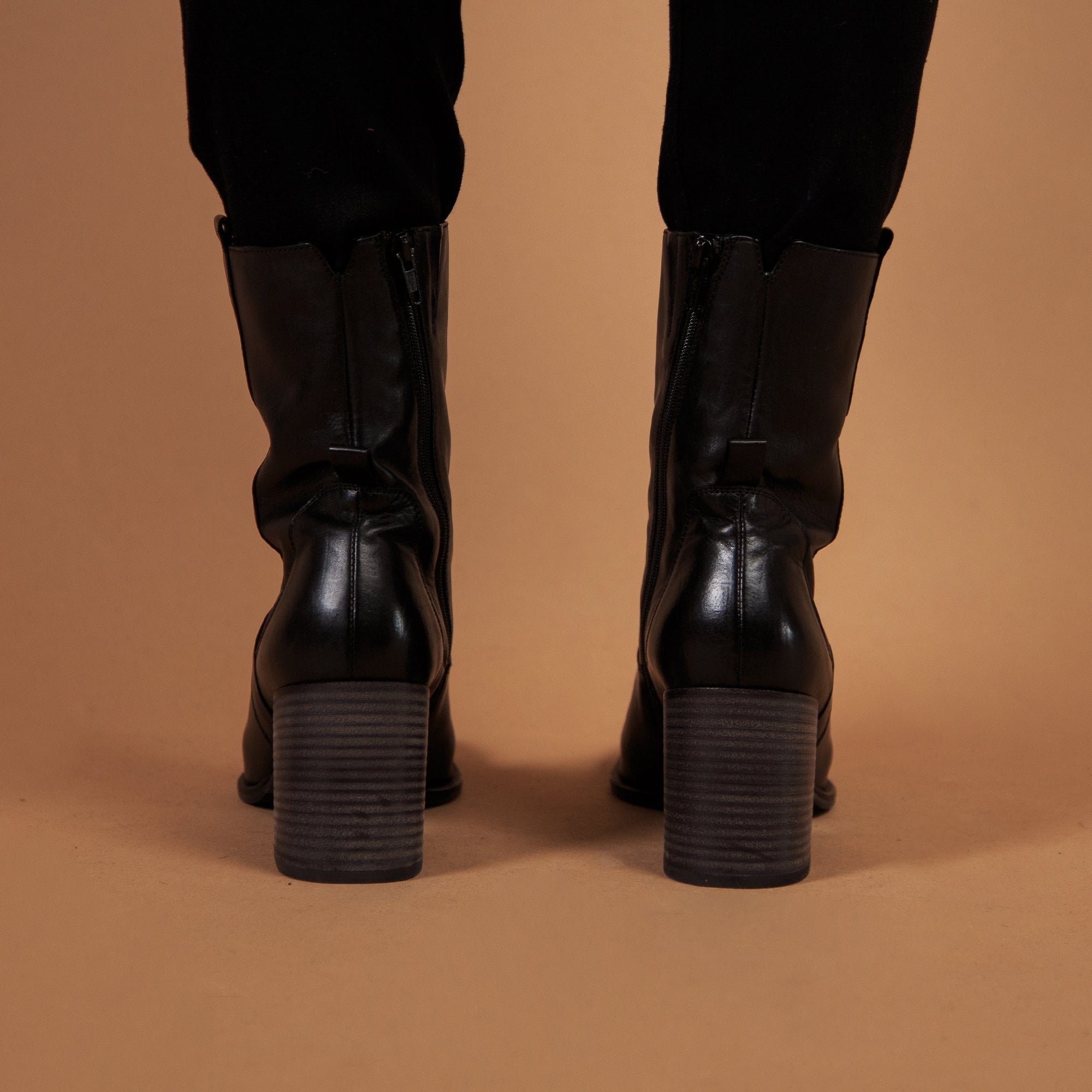 K&S Shoes High Ankle Boot With Square Front Toe & Block Black