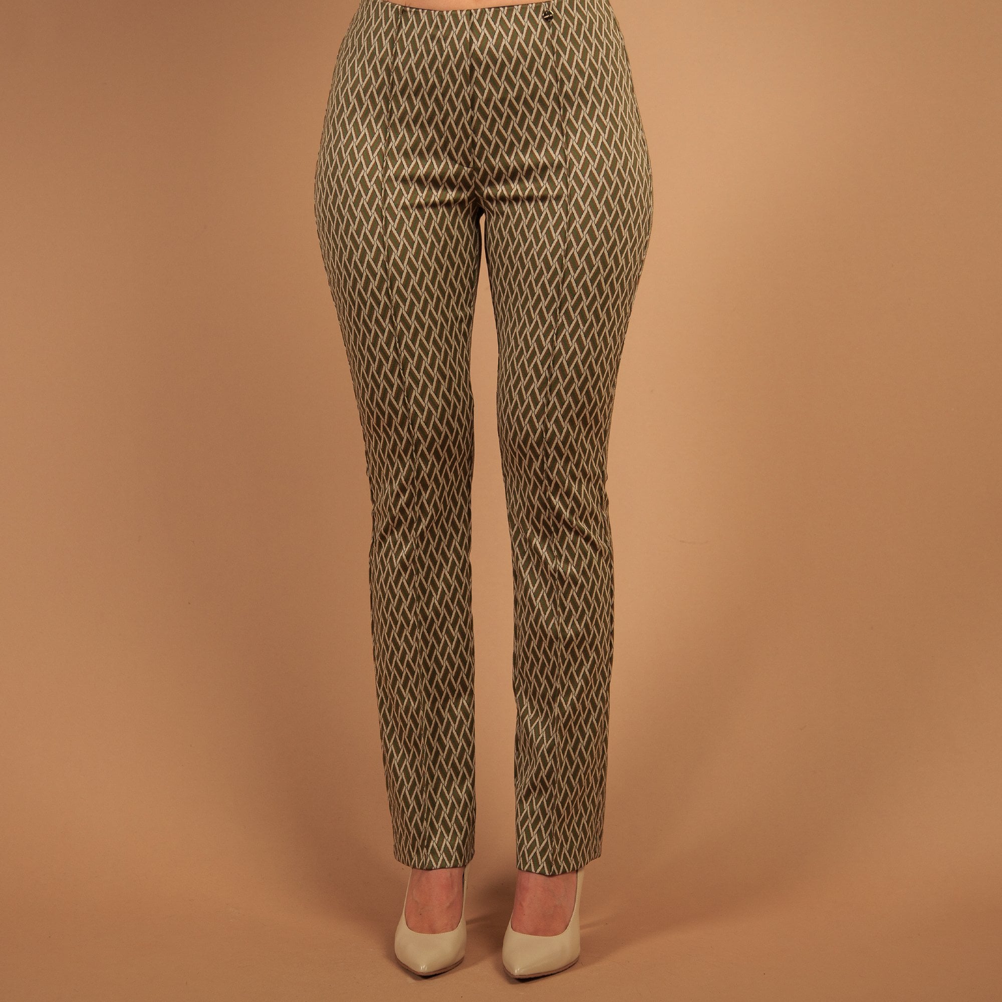 Marc Cain Woven Print Smart Trouser Olive/ecru