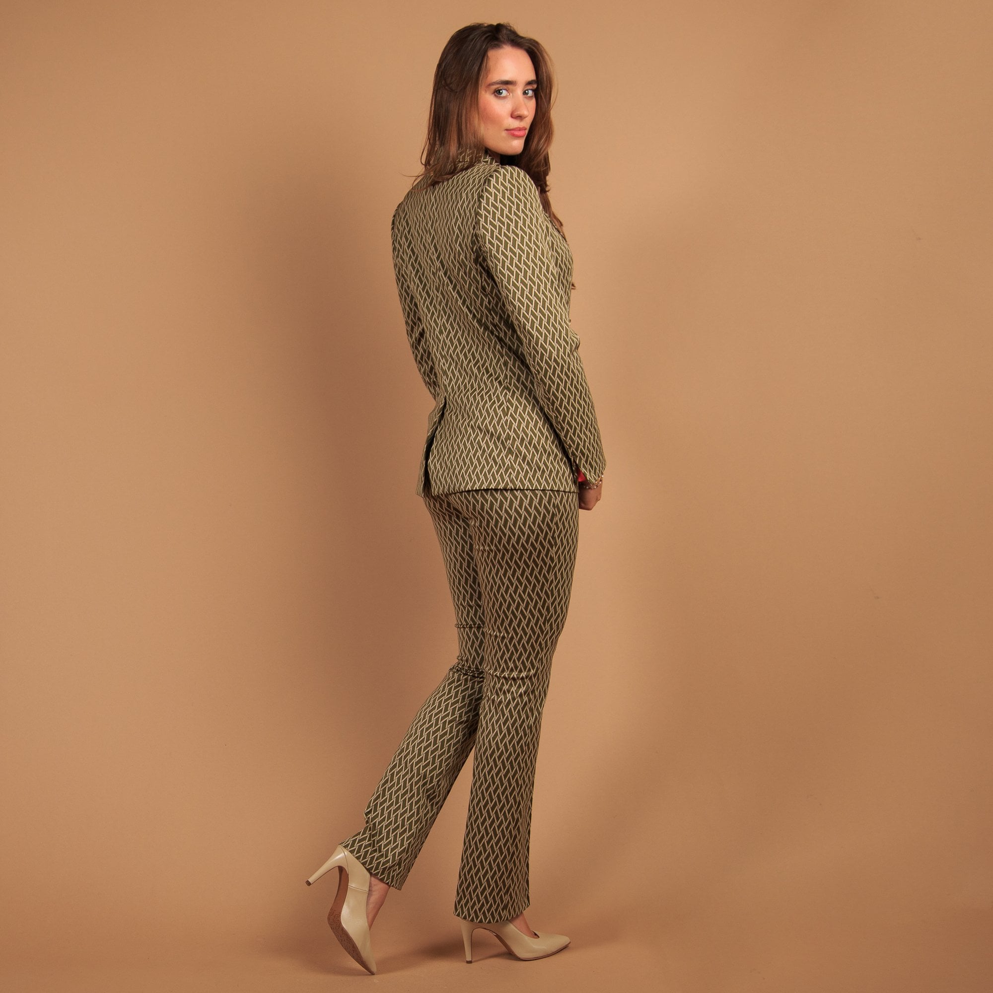 Marc Cain Woven Print Smart Trouser Olive/ecru