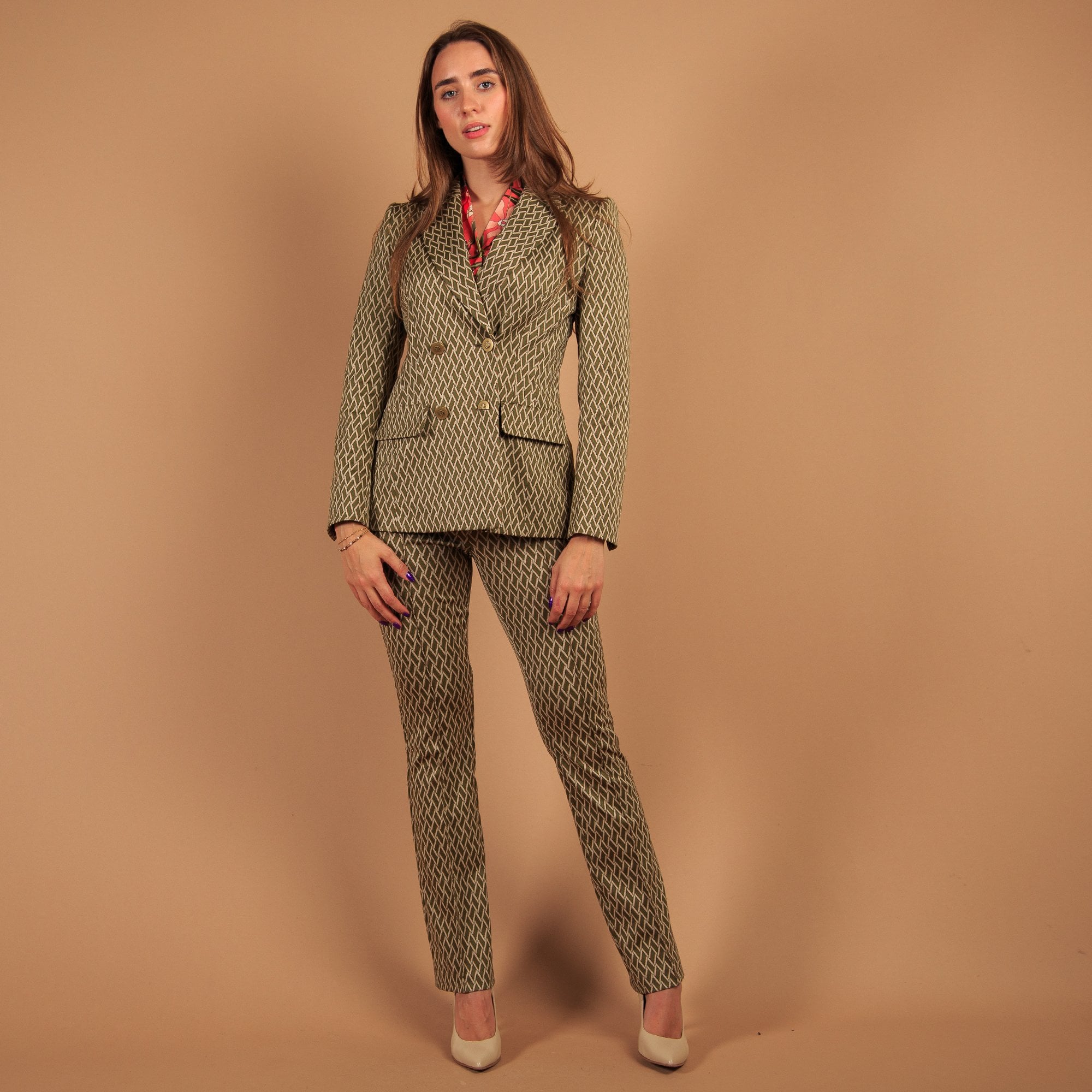 Marc Cain Woven Print Smart Trouser Olive/ecru