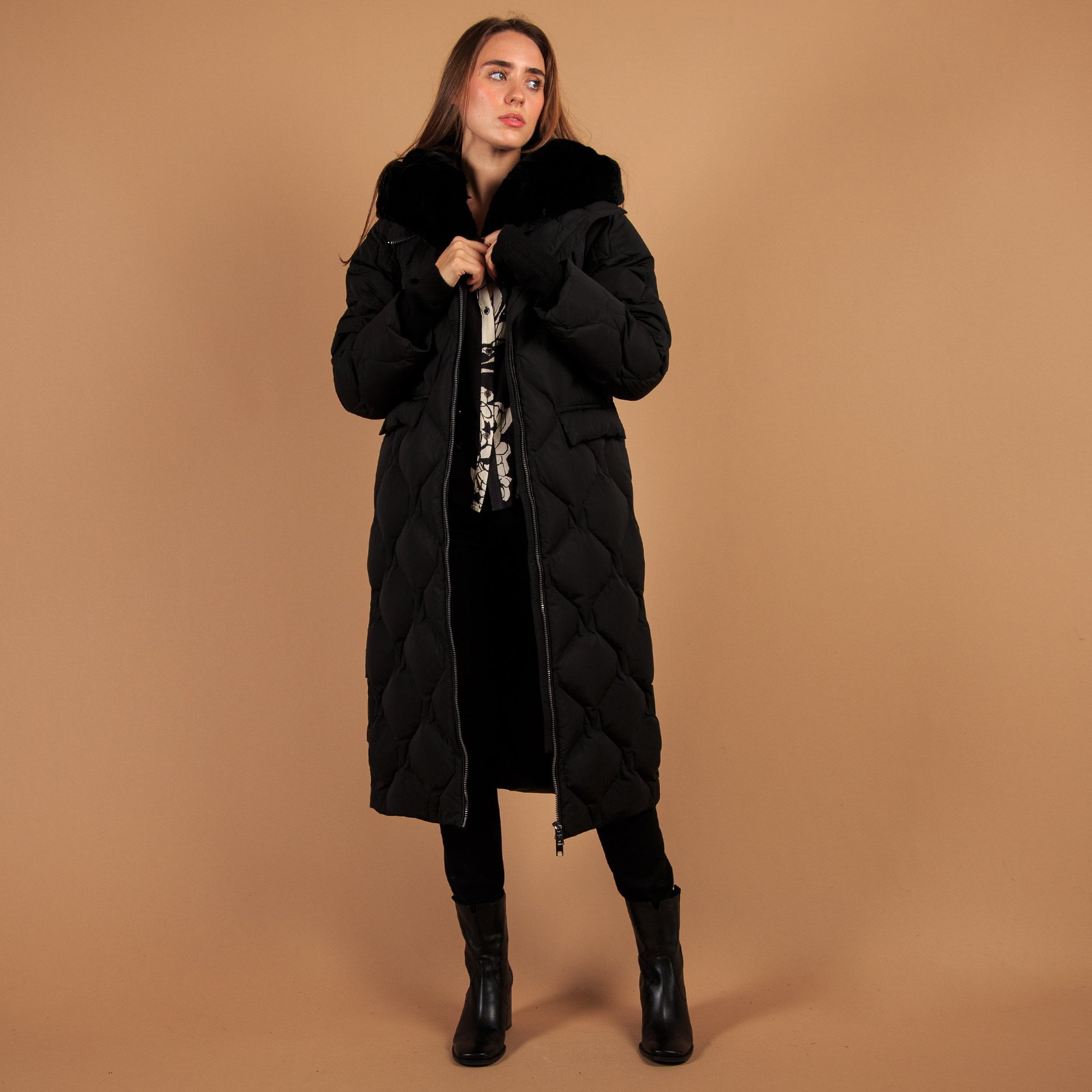 Diego Diamond Puffa Long Coat With Fur Hood Trim Black