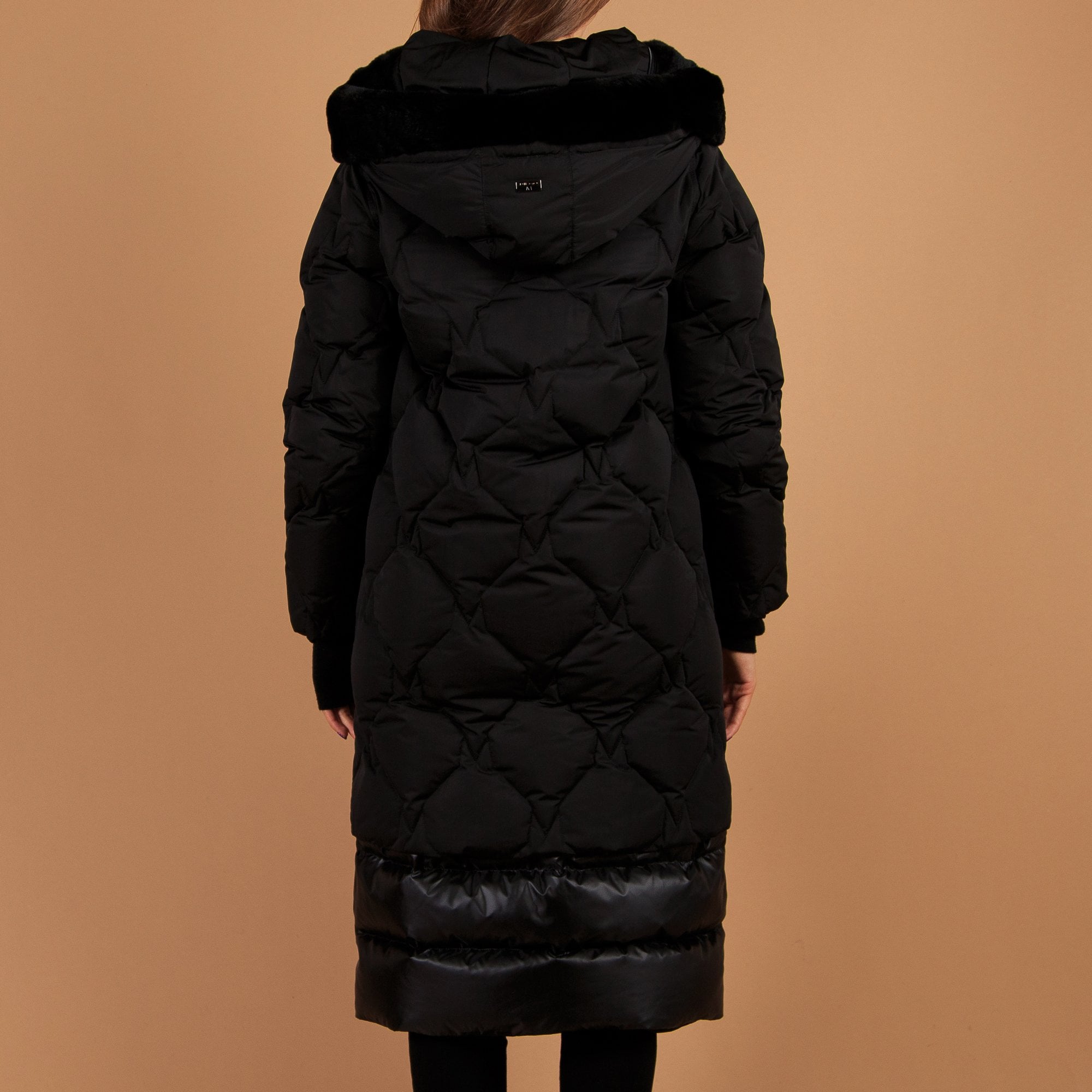 Diego Diamond Puffa Long Coat With Fur Hood Trim Black