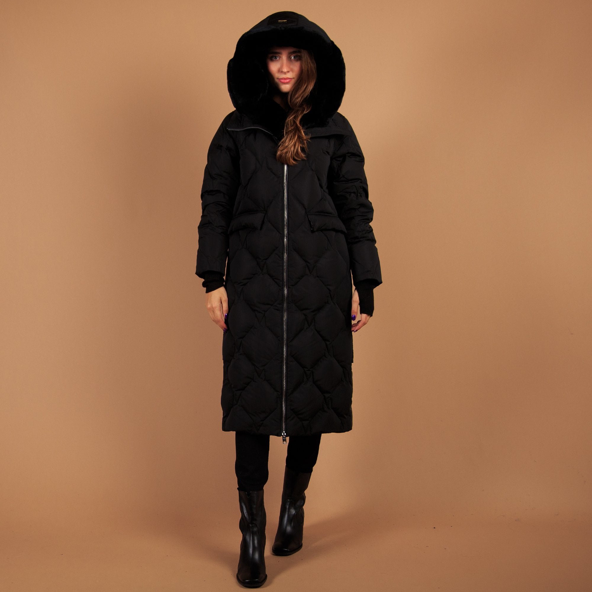 Diego Diamond Puffa Long Coat With Fur Hood Trim Black