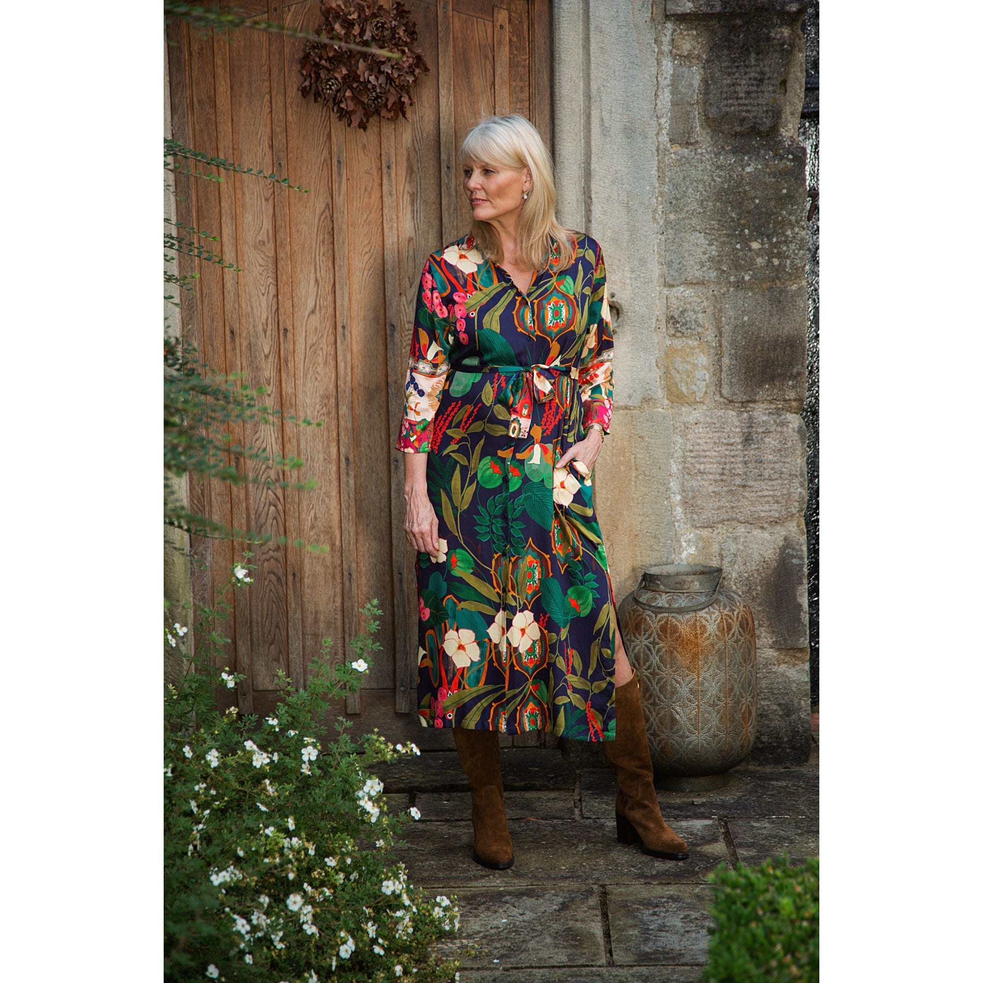 Vilagallo Dafne Vintage Floral Print Belted Shirt Dress Multi