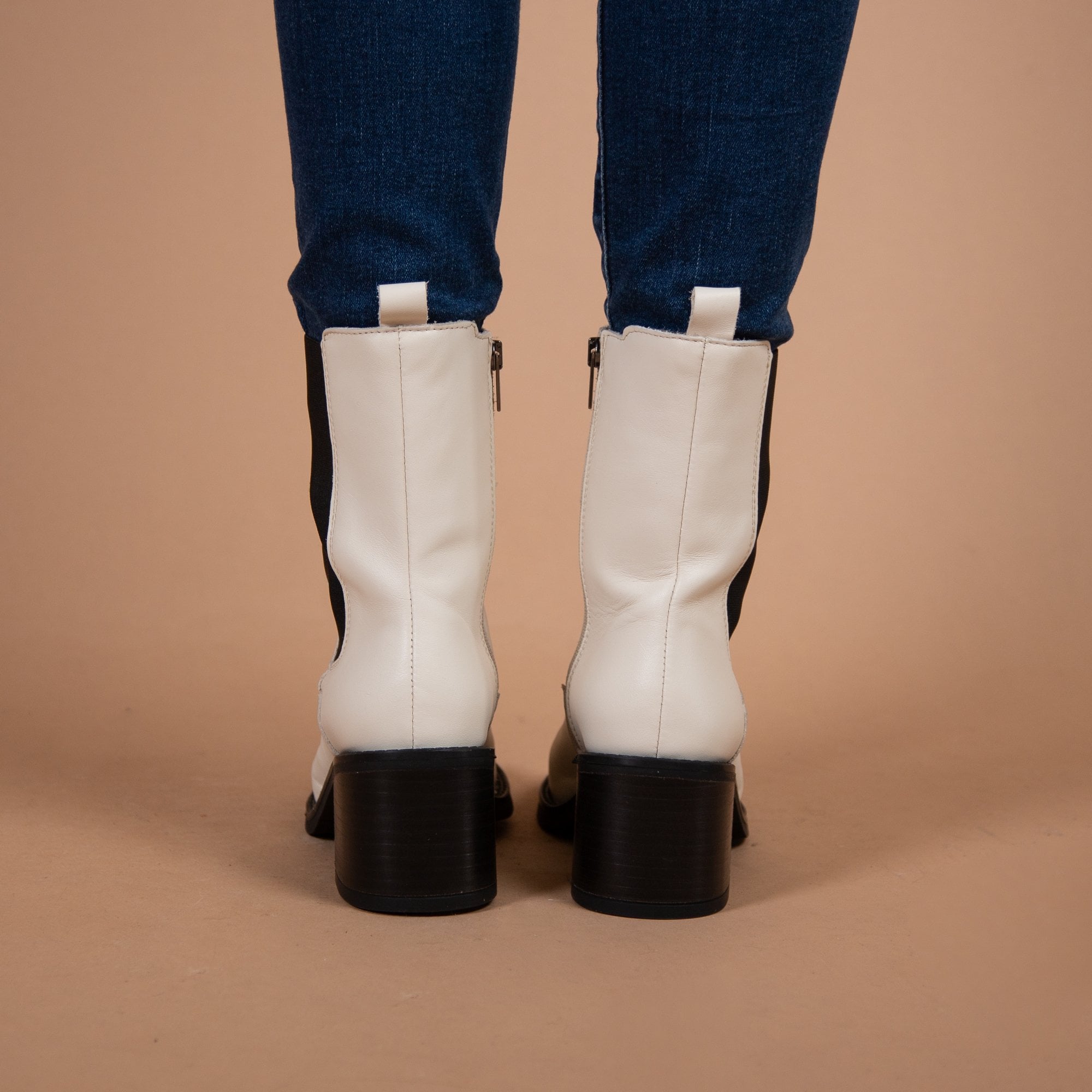 Alpe Bloc Heel Mid Ankle Boot With Elastic Side White