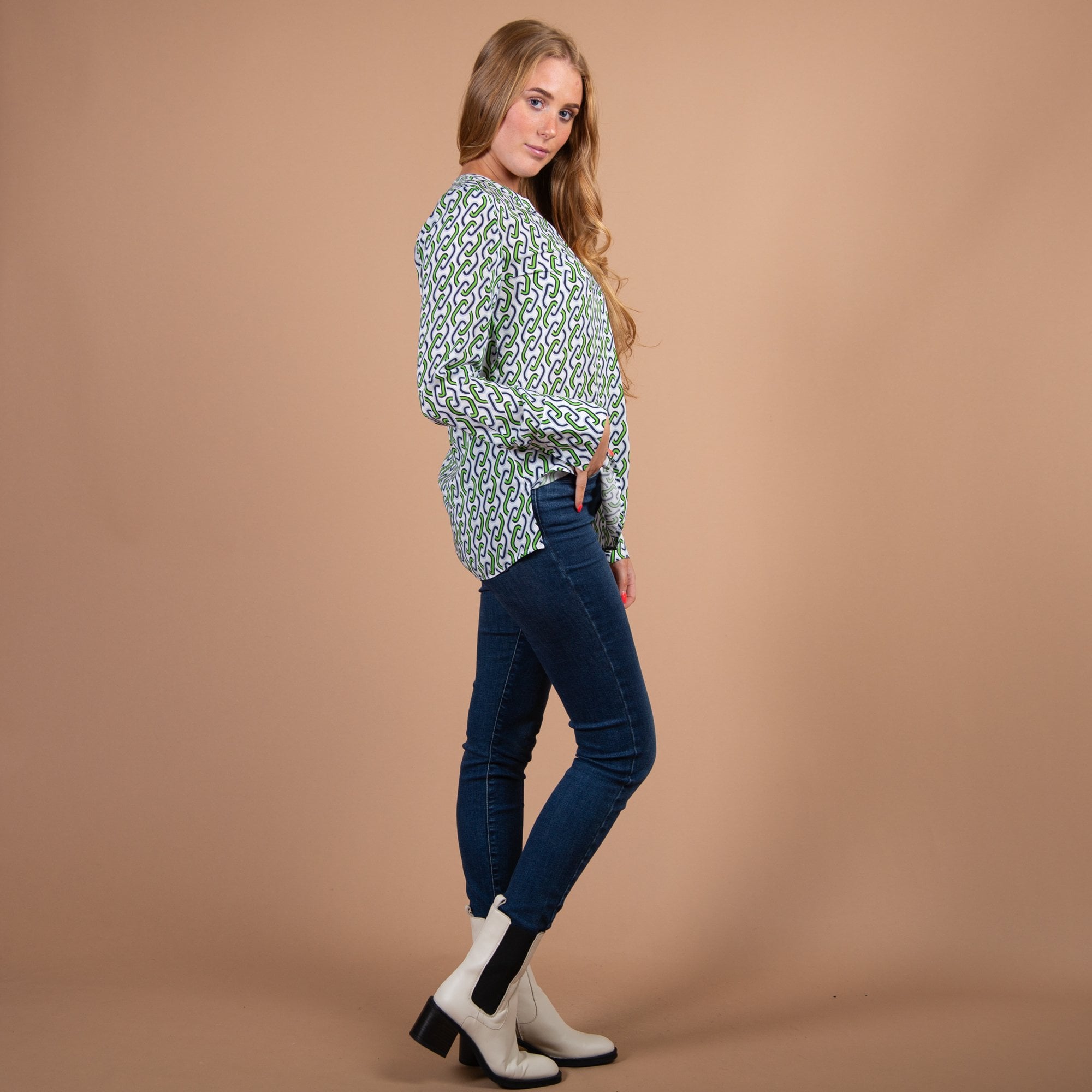 Just White Chain Print Pleat Front Blouse Green/blue