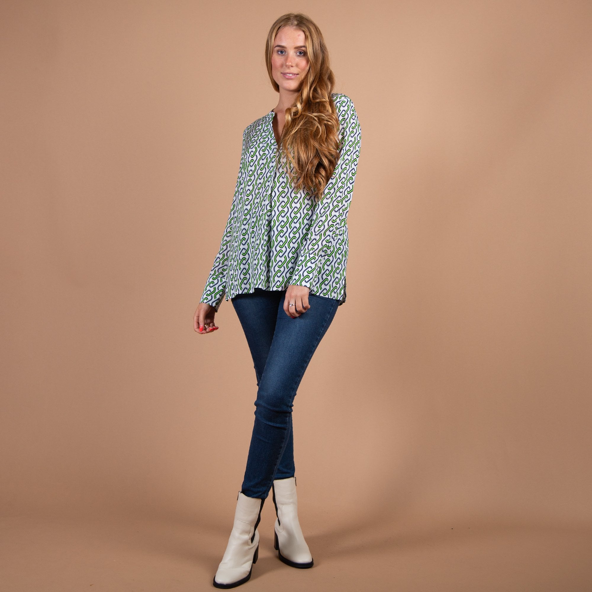 Just White Chain Print Pleat Front Blouse Green/blue