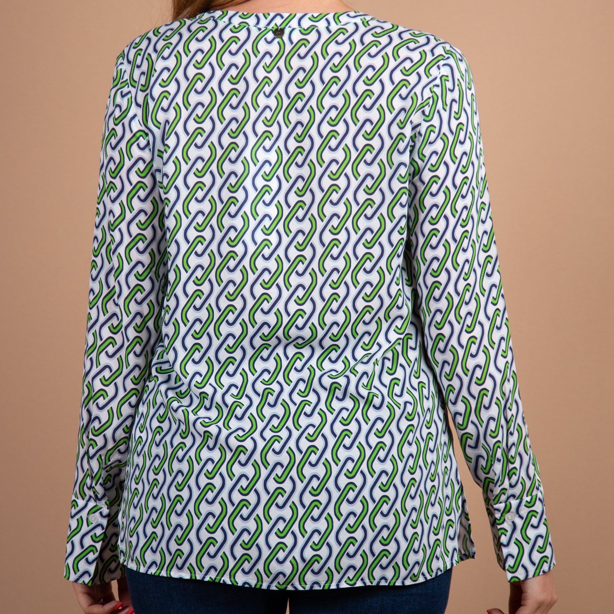 Just White Chain Print Pleat Front Blouse Green/blue