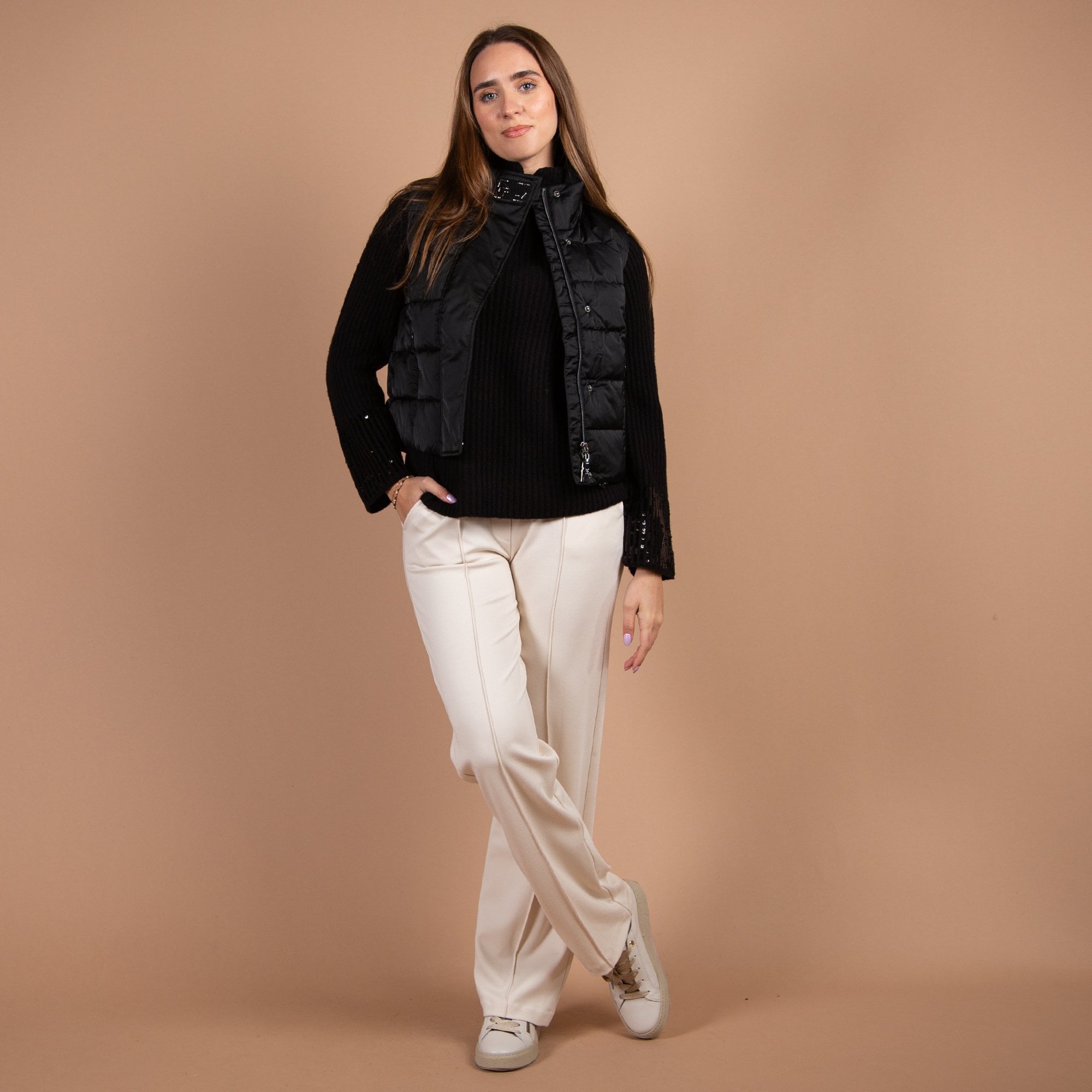 Monari Rib Split Collar Jumper With Sequin Cuff Black