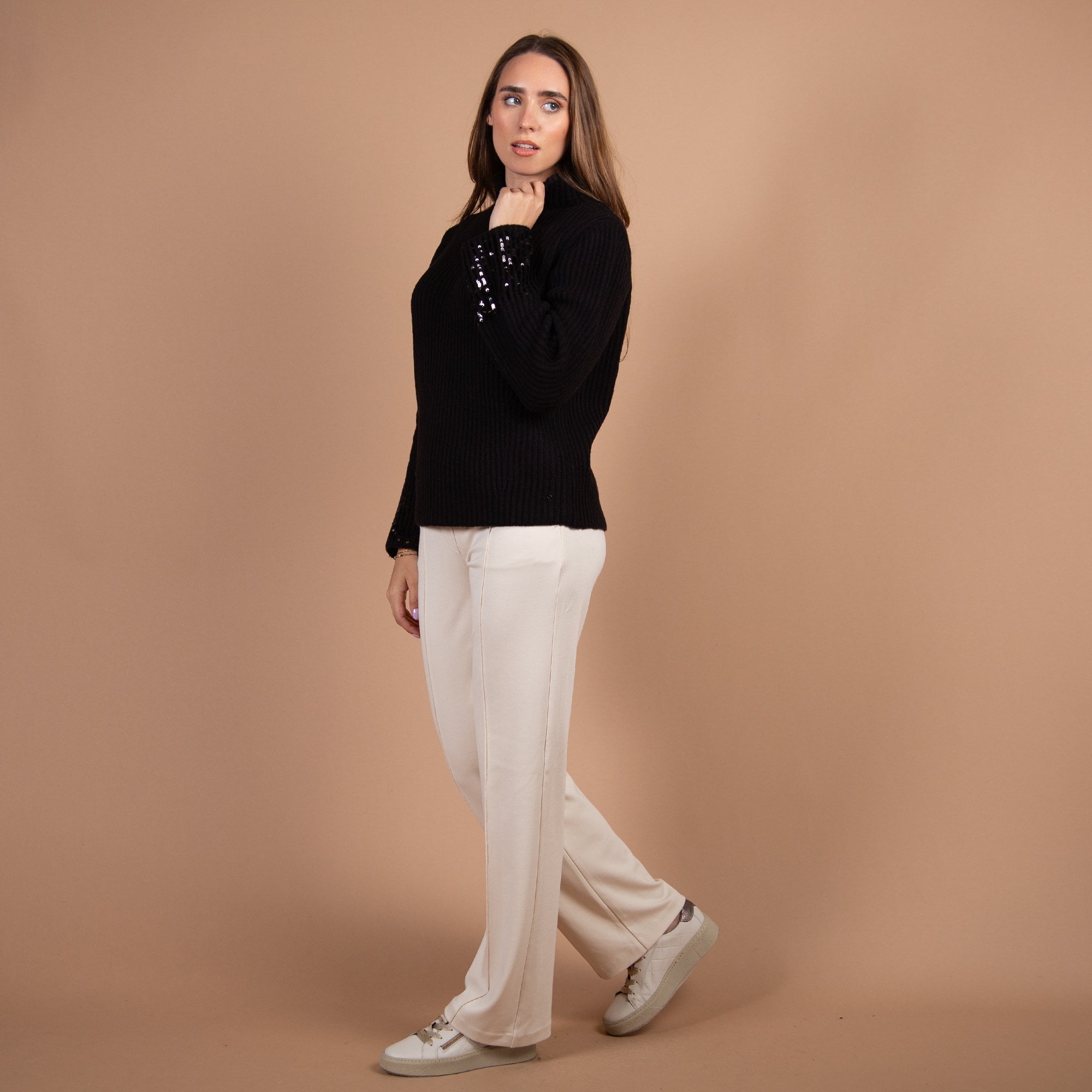 Monari Rib Split Collar Jumper With Sequin Cuff Black