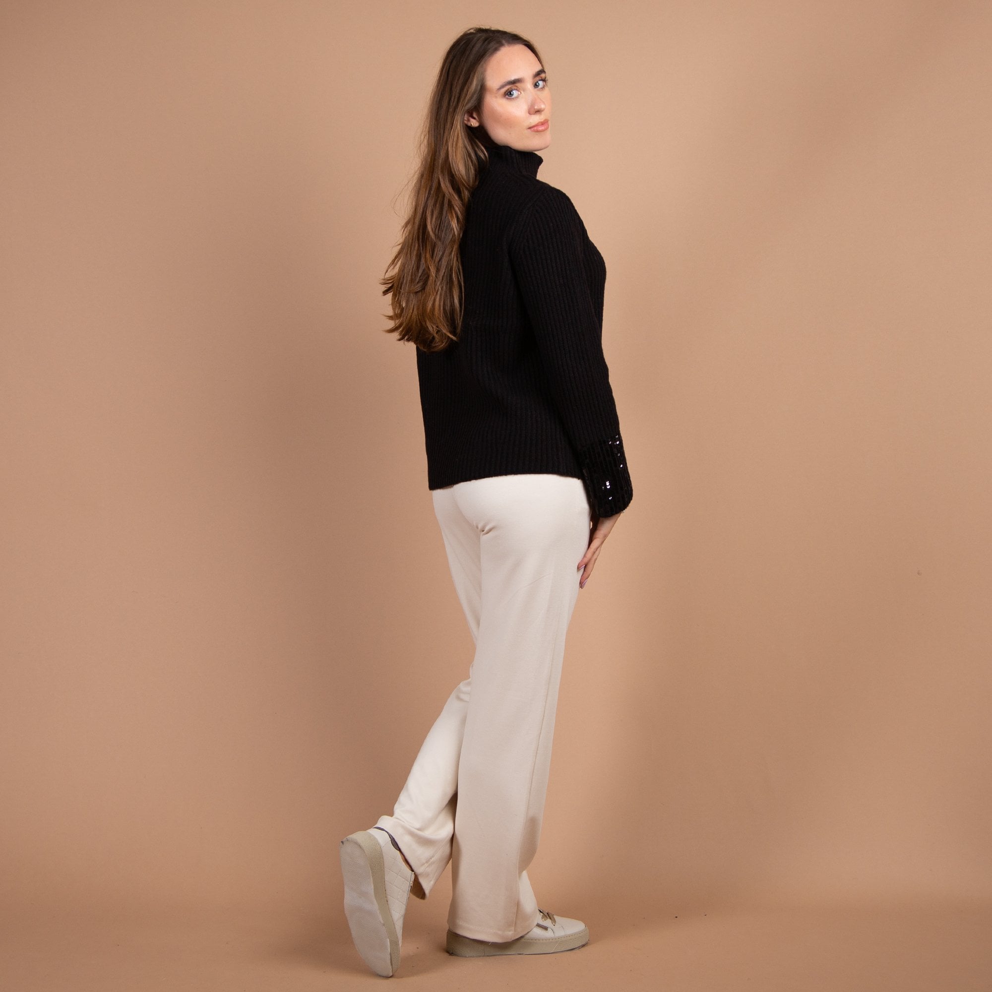 Monari Rib Split Collar Jumper With Sequin Cuff Black